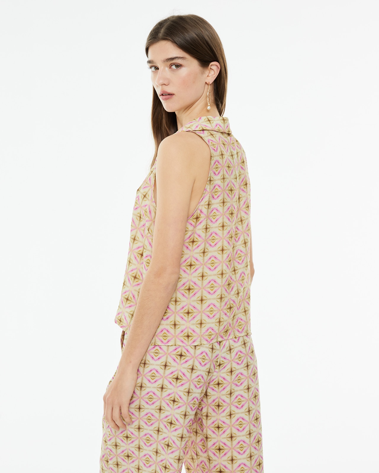 Camisa sem Mangas com Estampado Geométrico Bege/Rosa-2