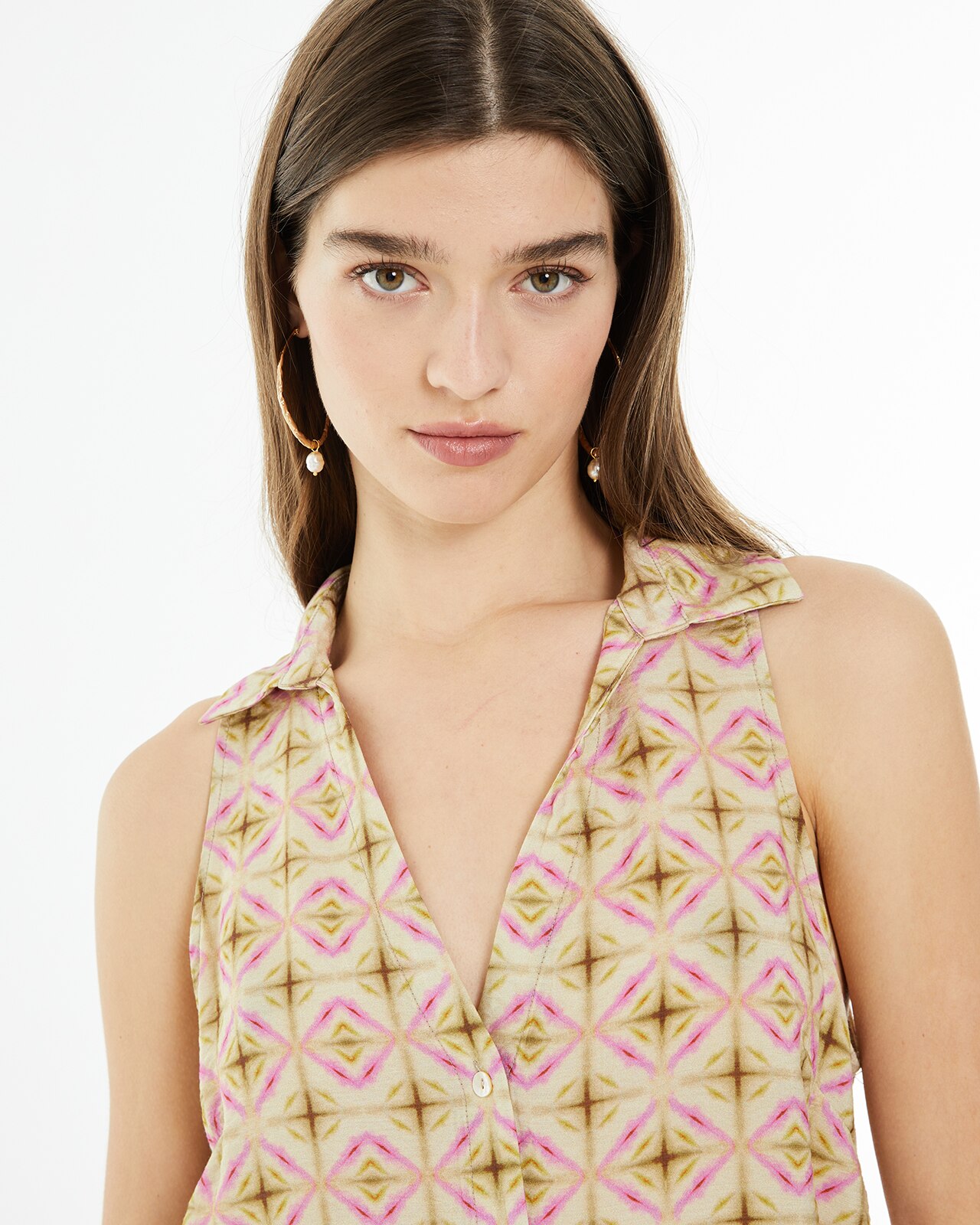 Camisa sem Mangas com Estampado Geométrico Bege/Rosa-4