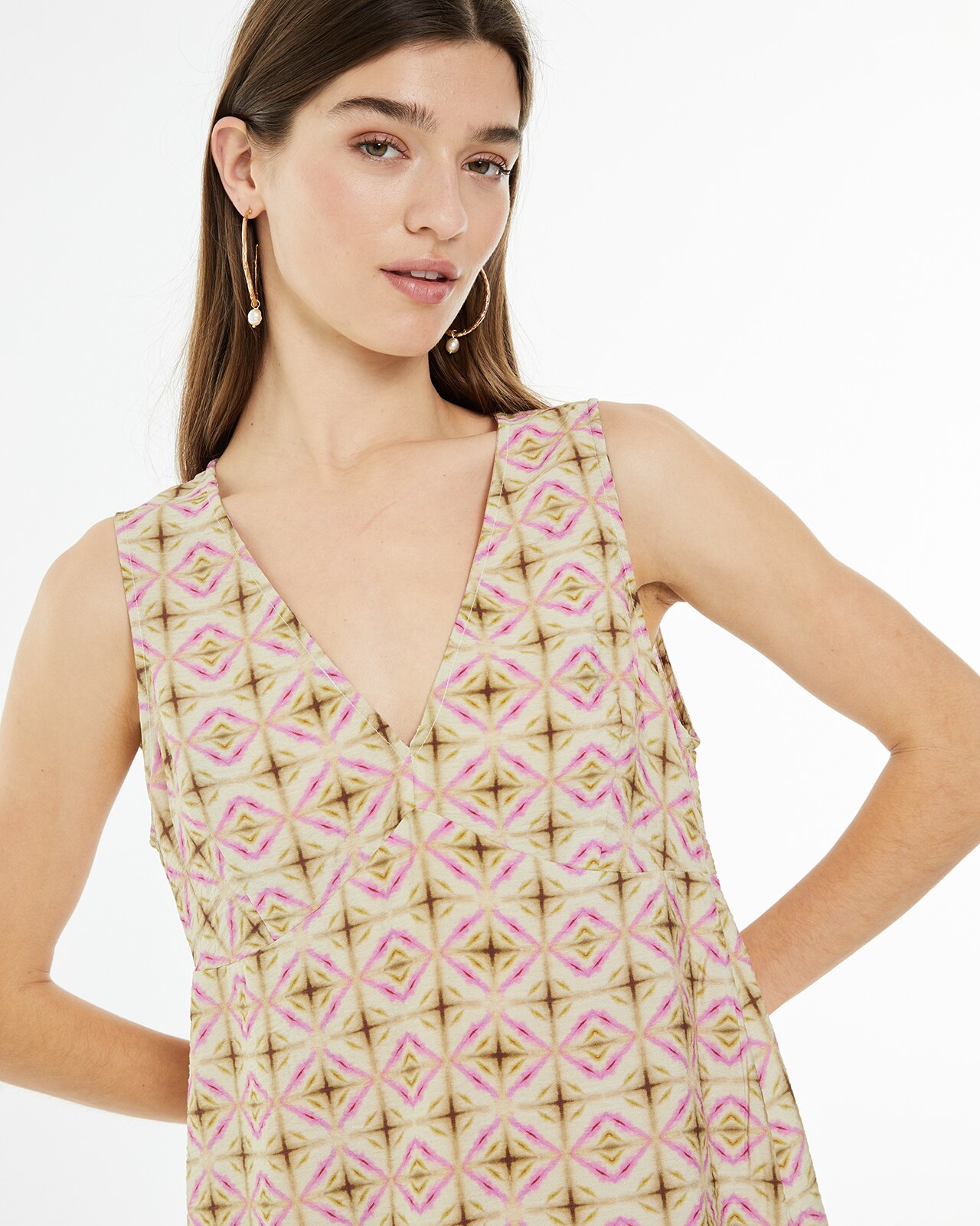 Vestido Curto com Estampado Geométrico e Corte Abaixo Do Peito Rosa-3