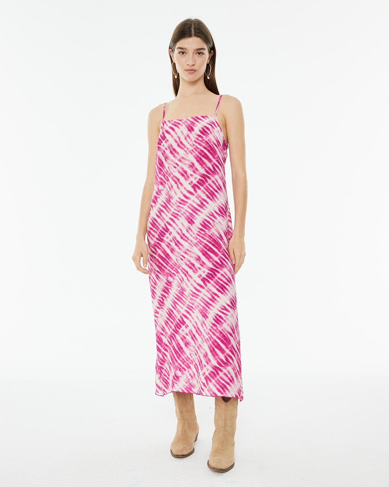 Vestido Midi de Alças Estampado Tie Dye Rosa / Branco-1