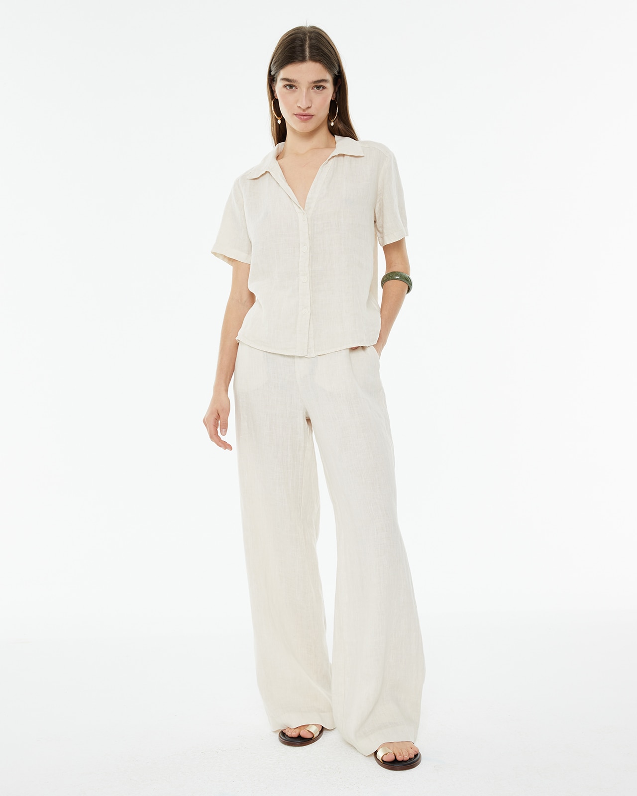 Calças Largas de Linho com Fecho Zip e Botão Branco-1