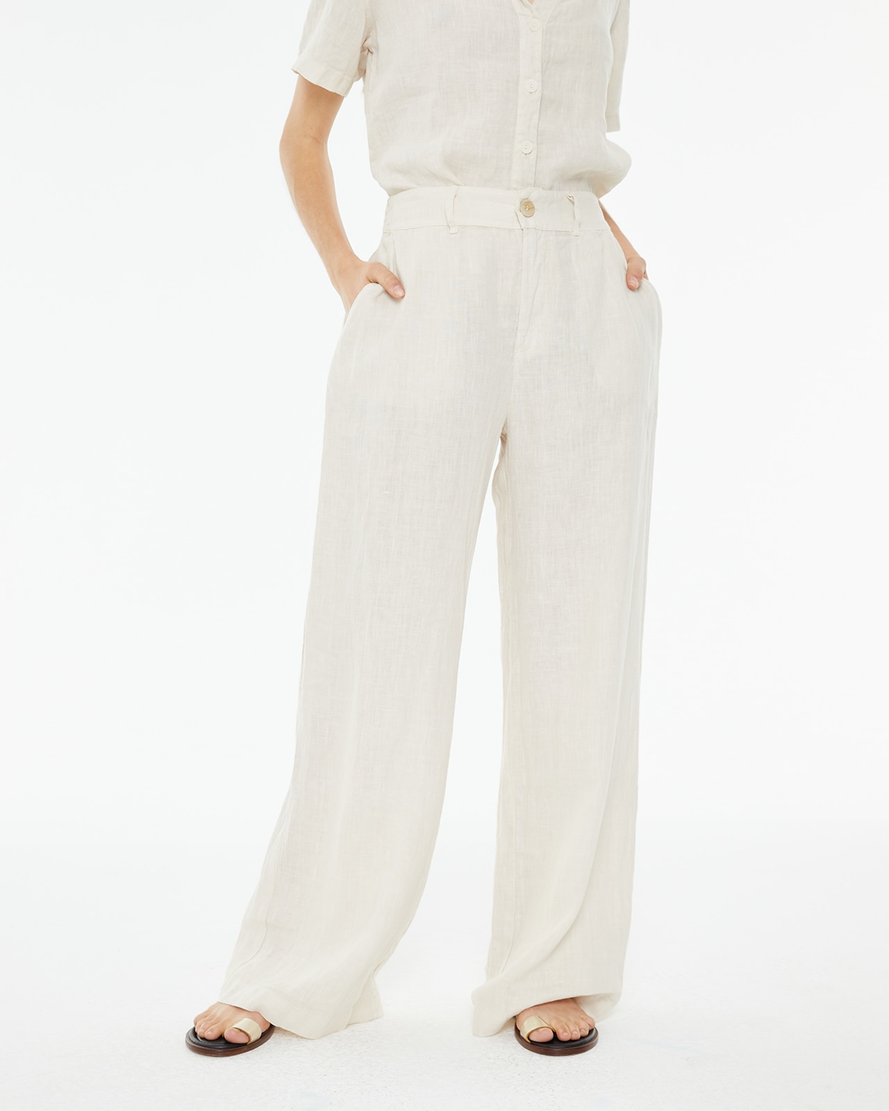 Calças Largas de Linho com Fecho Zip e Botão Branco-3