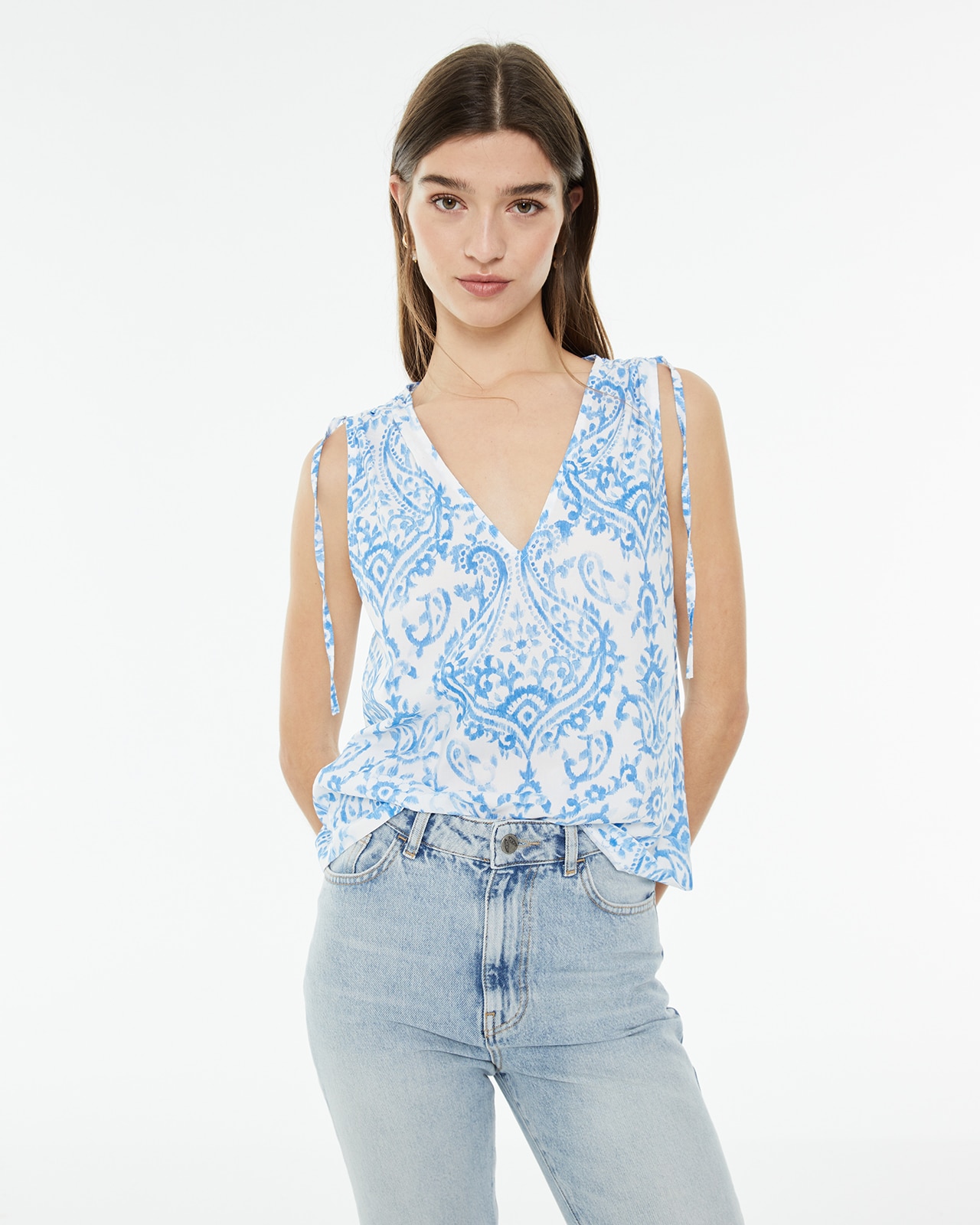 Top Estampado com Laçada nos Ombros Azul / Branco-1