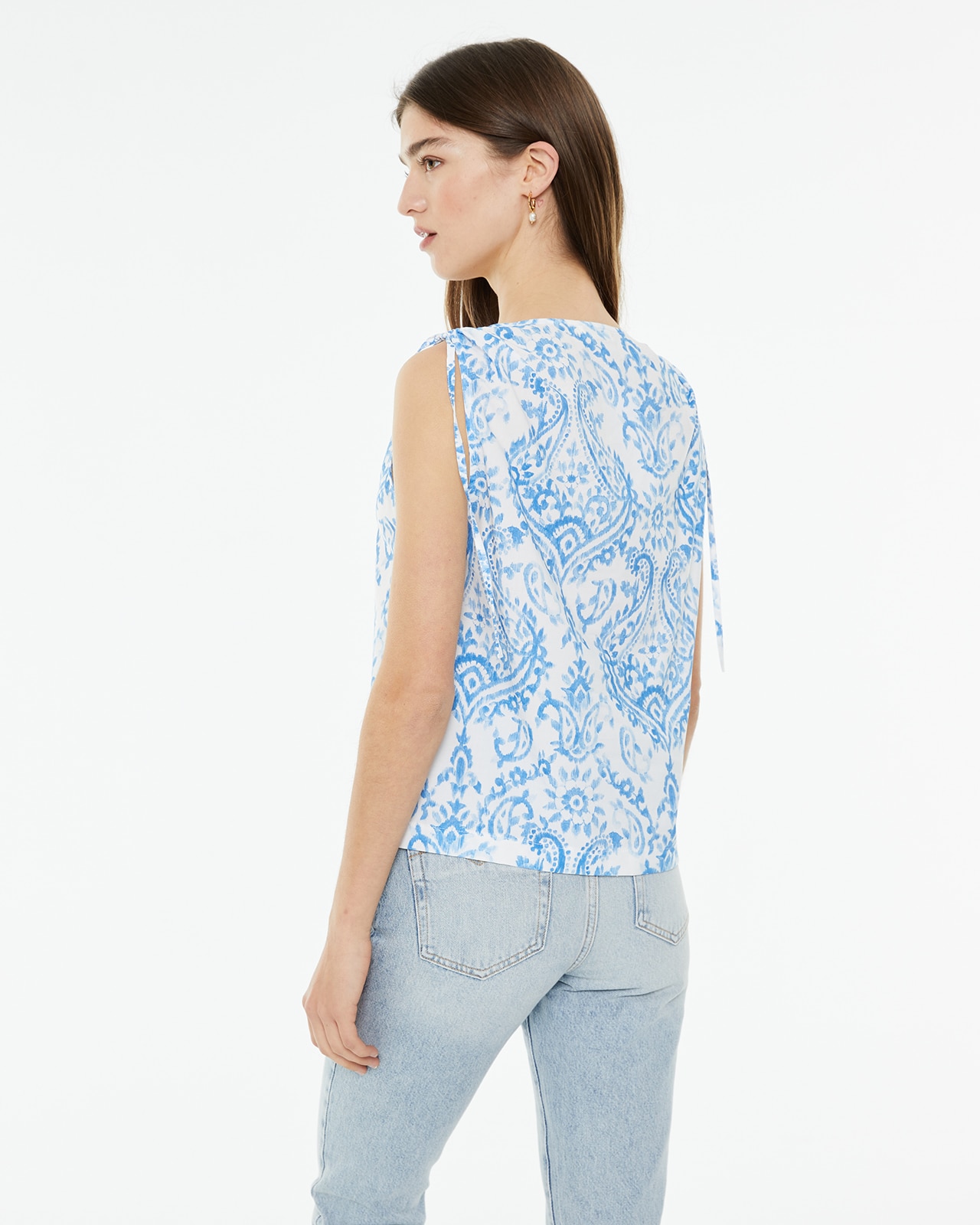 Top Estampado com Laçada nos Ombros Azul / Branco-2