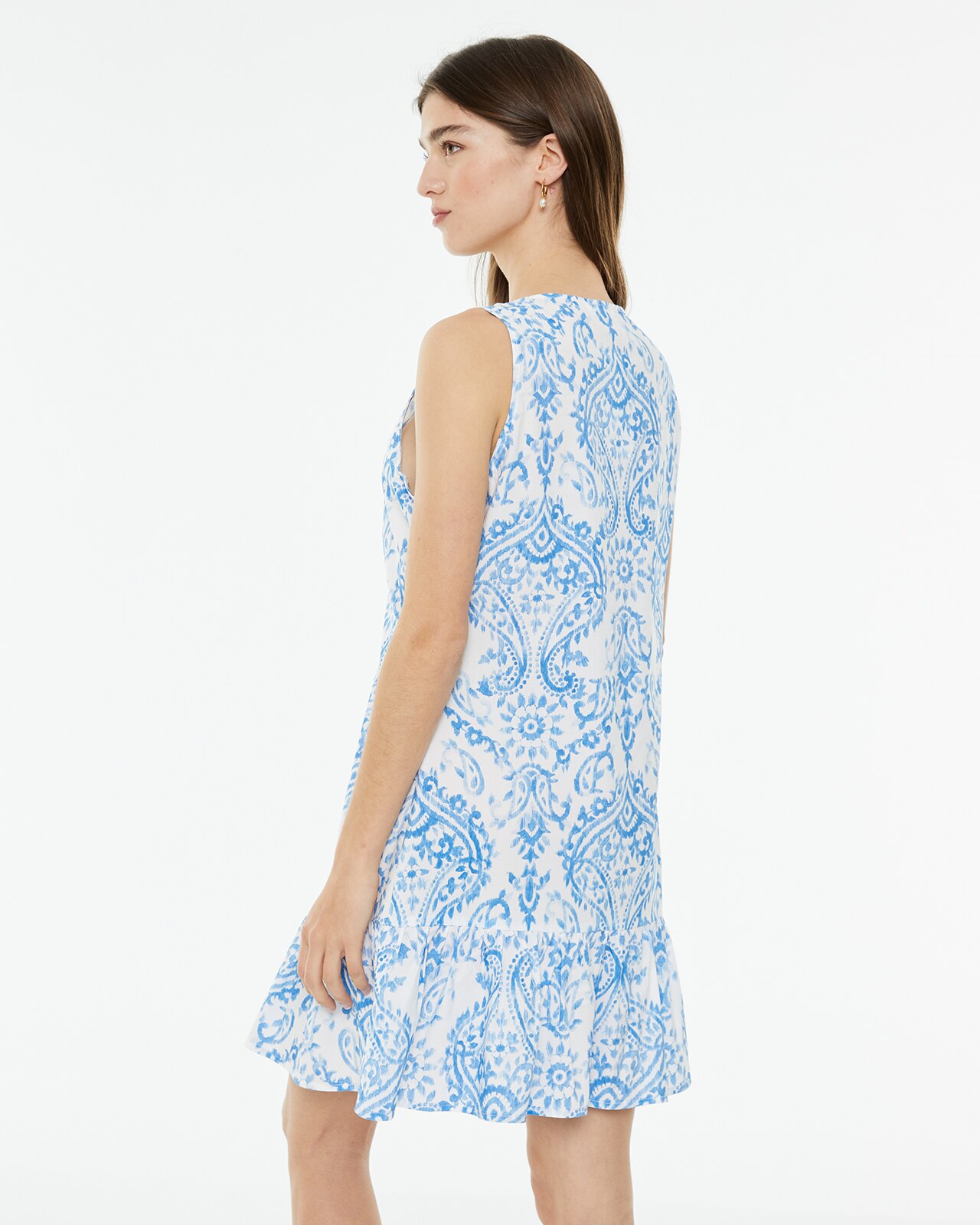 Vestido Curto Estampado com Franzido no Decote Azul / Branco-2