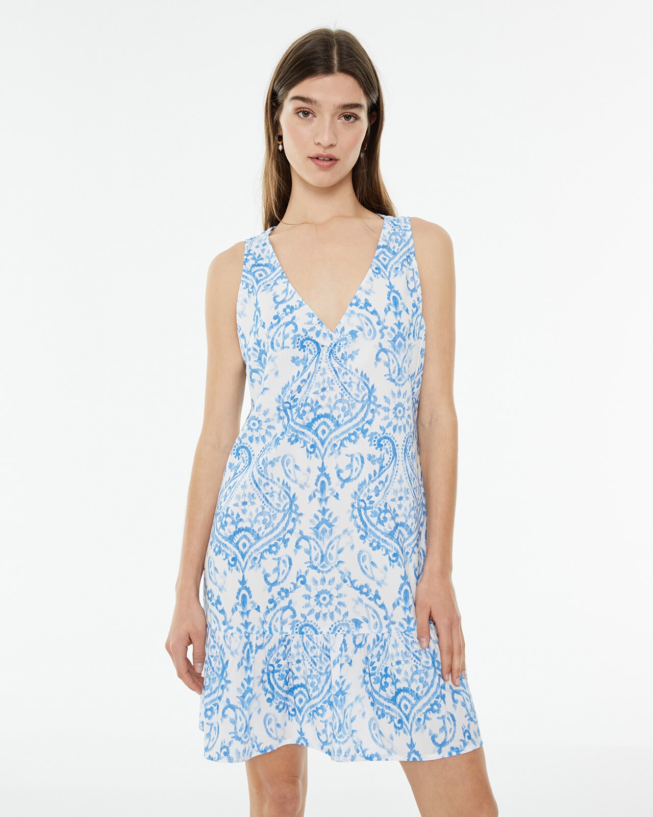 Vestido Curto Estampado com Franzido no Decote Azul / Branco-3
