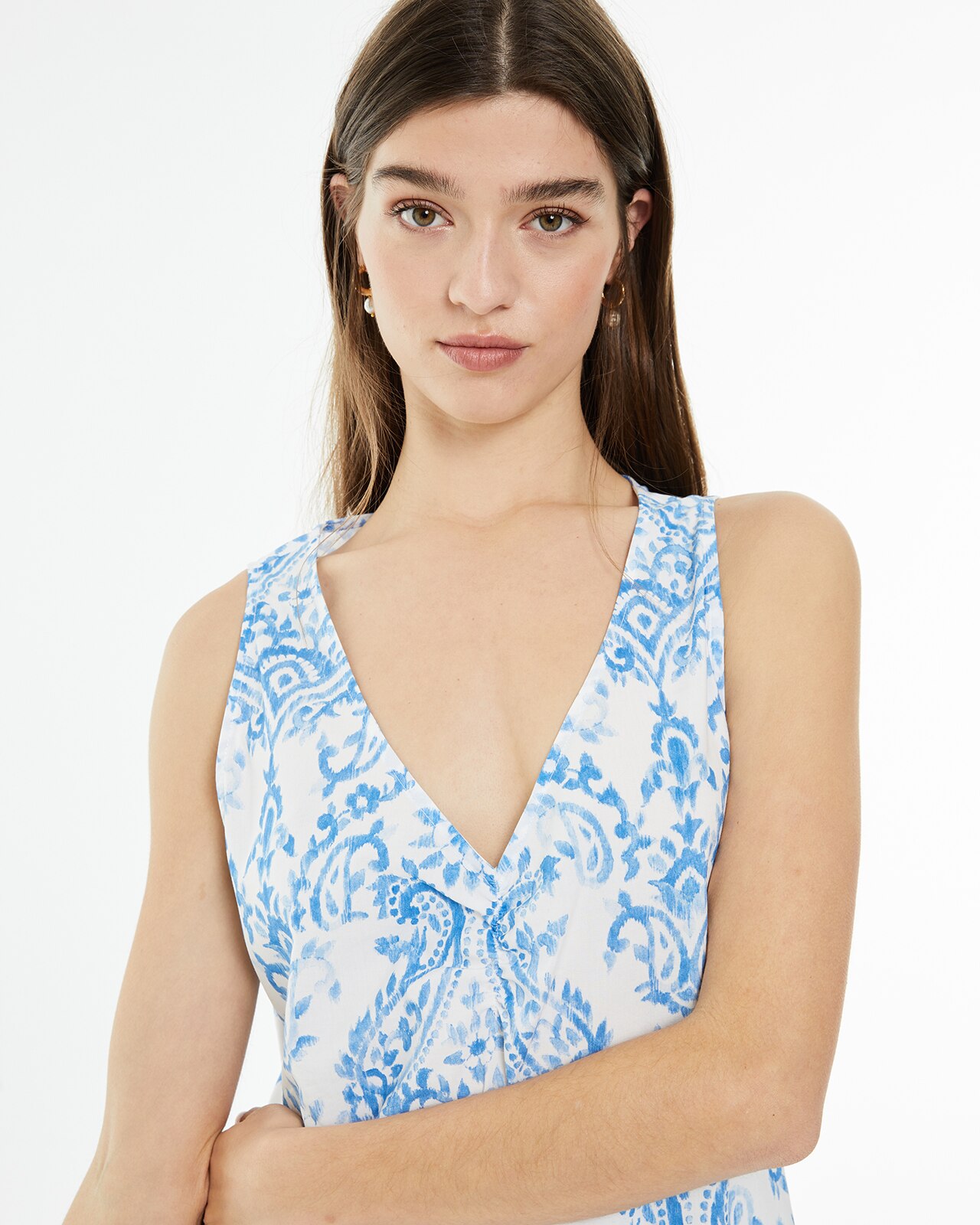 Vestido Curto Estampado com Franzido no Decote Azul / Branco-4