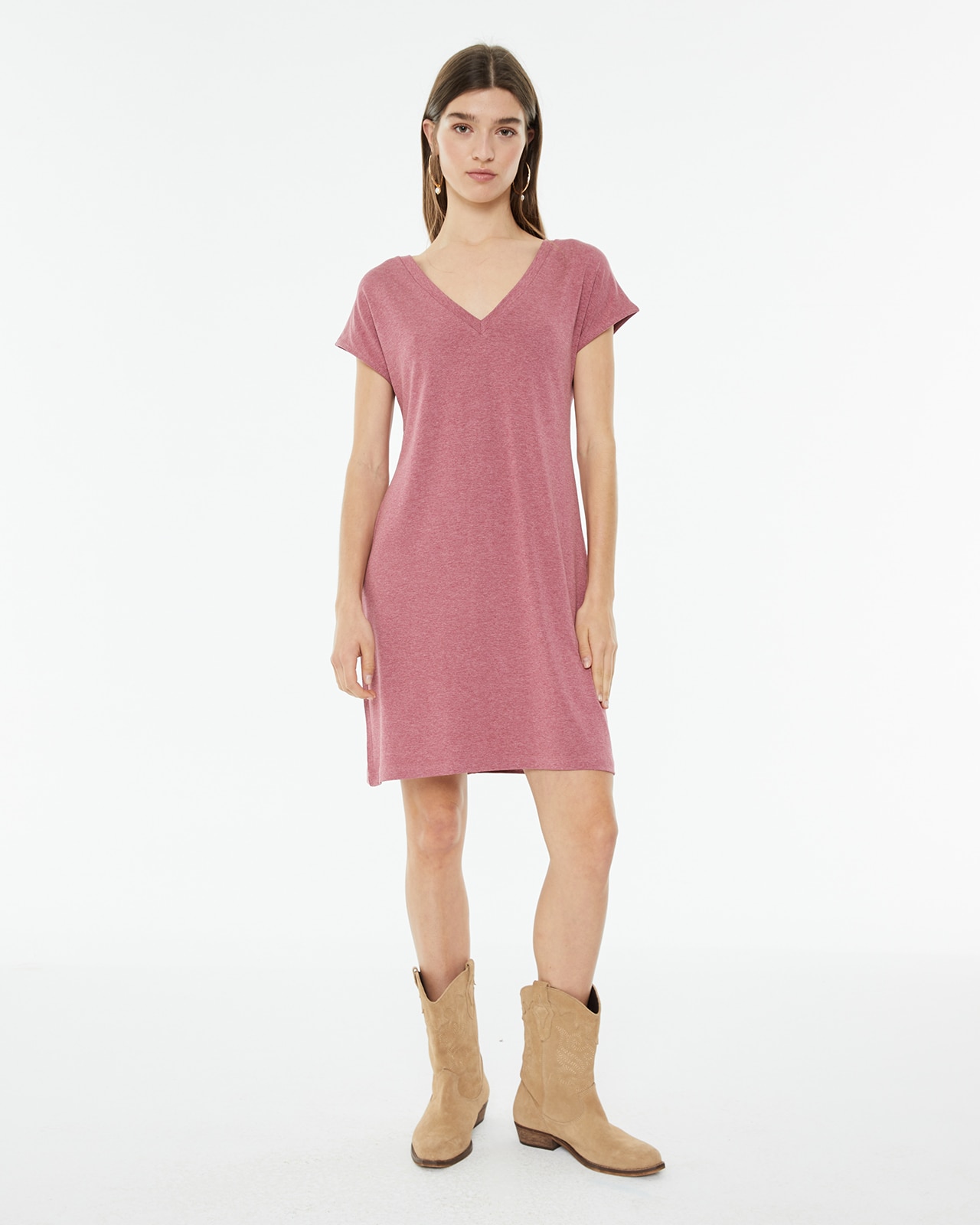 Vestido Curto com Decote em V e Manga Caída Rosa-claro-1