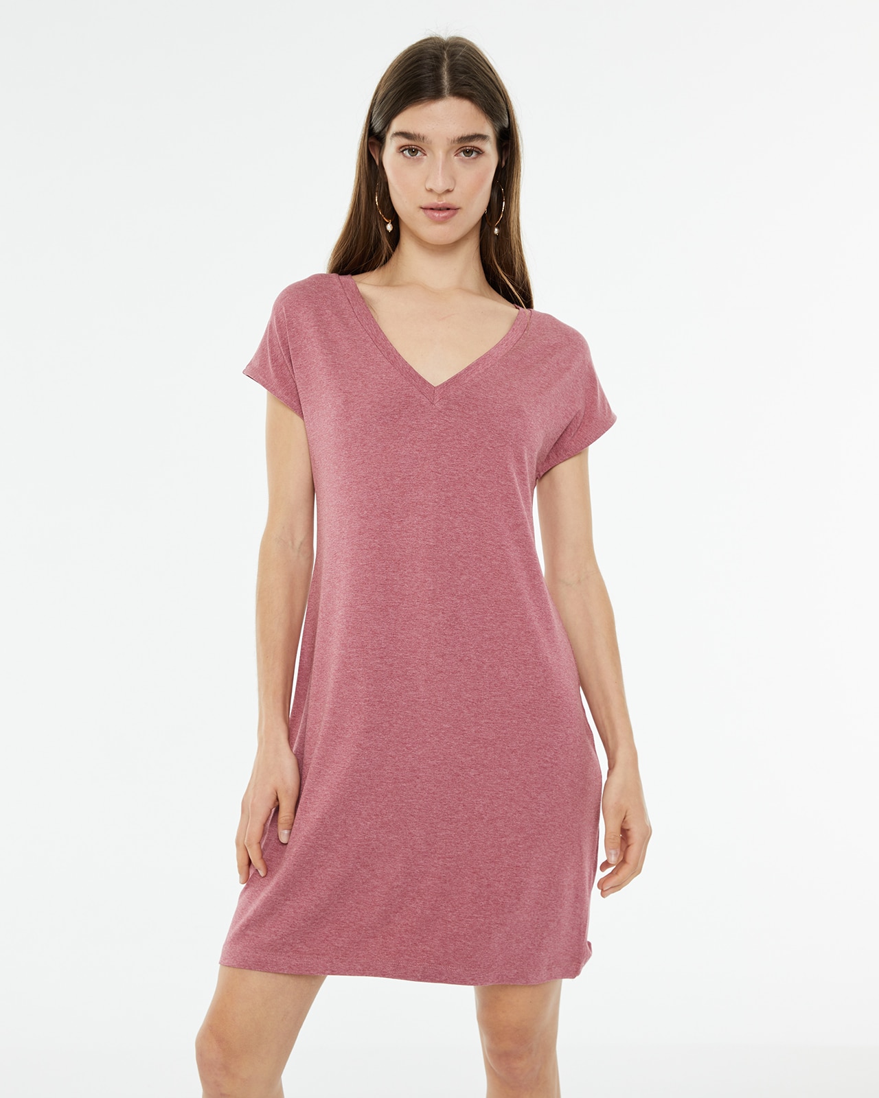 Vestido Curto com Decote em V e Manga Caída Rosa-claro-3