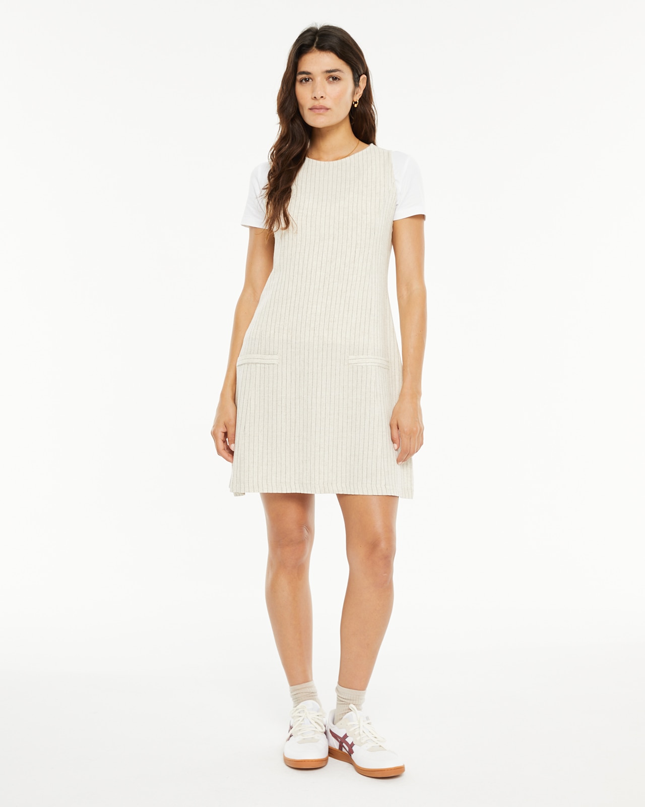 Vestido Ajustado e Curto com Riscas Diplomáticas Bege-1