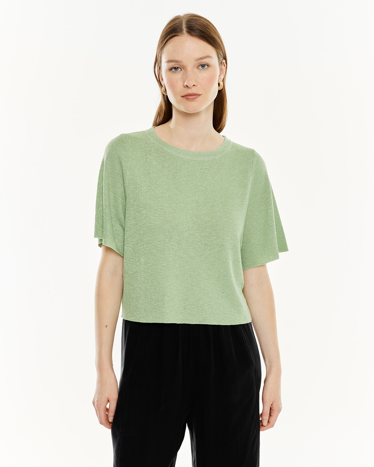 Camisola com Lurex em Manga Curta Verde-claro-1