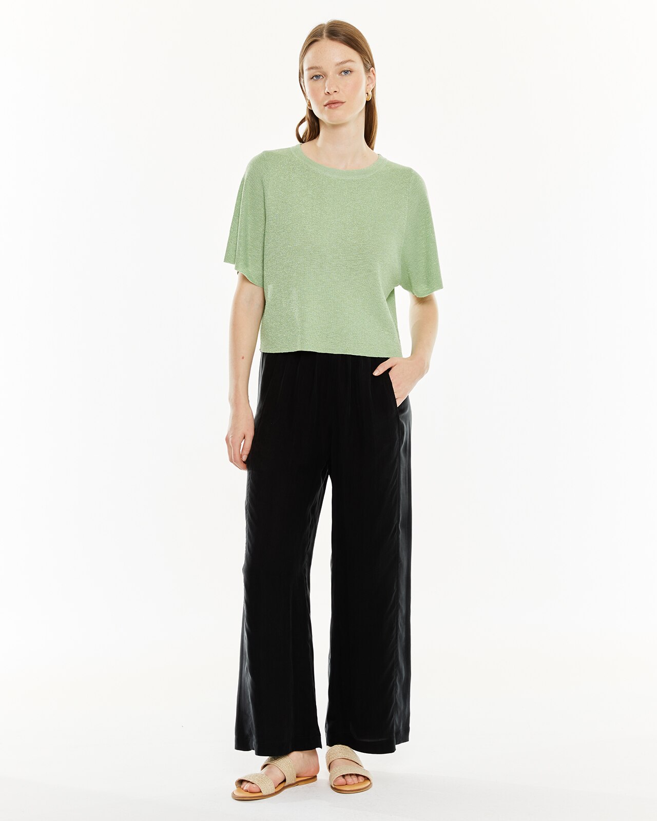 Camisola com Lurex em Manga Curta Verde-claro-3
