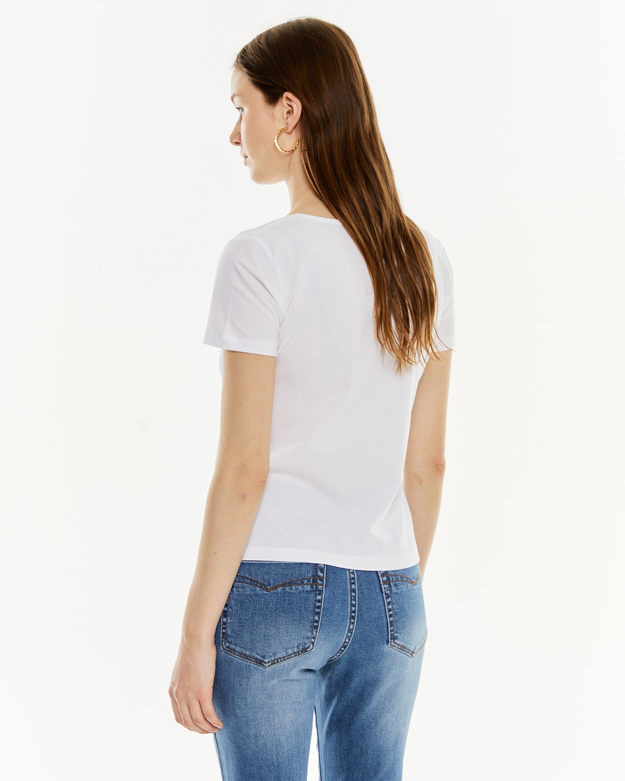 T-shirt de Manga Curta com Decote em V e Detalhe de Renda Branco-2