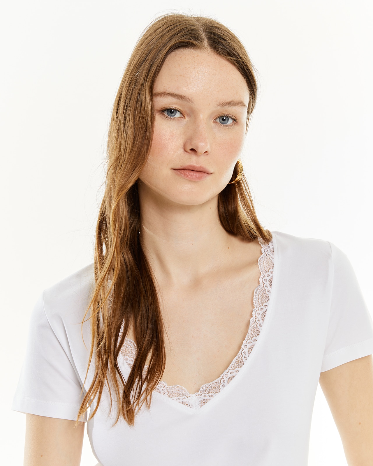 T-shirt de Manga Curta com Decote em V e Detalhe de Renda Branco-4