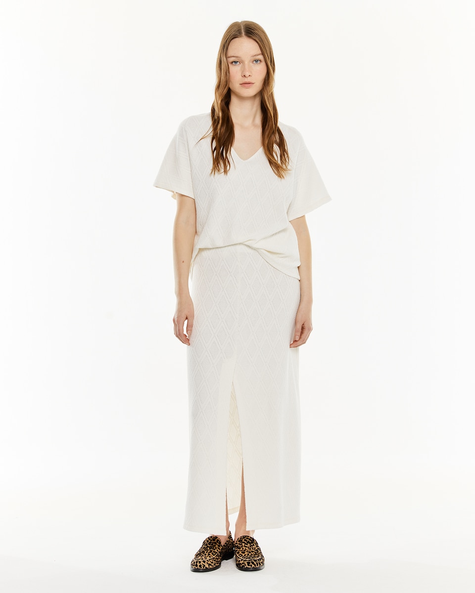 Saia com Elástico na Cintura e Abertura Frontal Branco-1