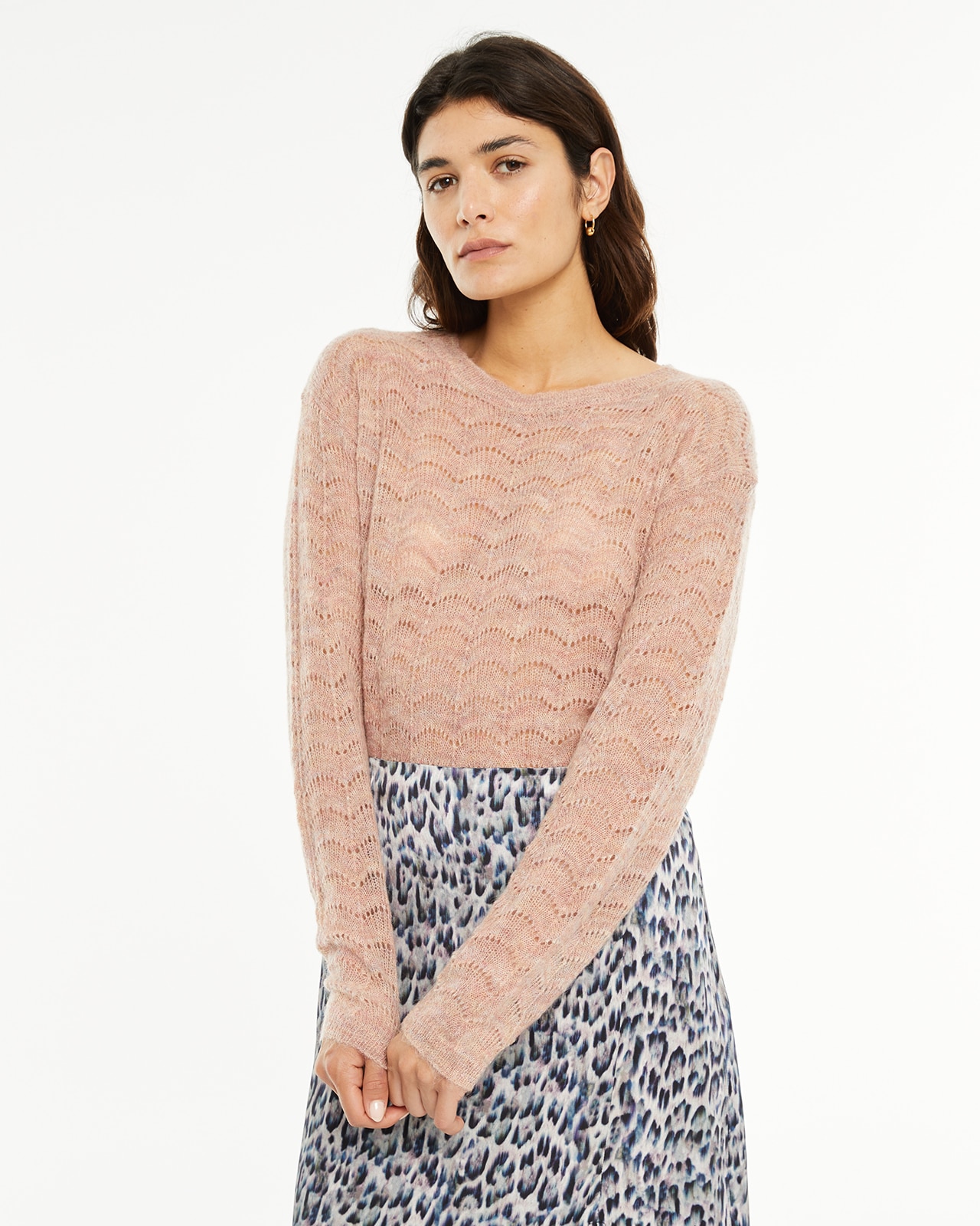 Camisola em Malha de Fantasia e Decote Redondo Rosa-claro-1