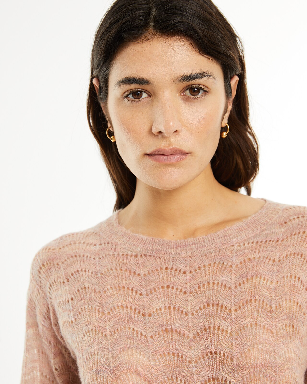 Camisola em Malha de Fantasia e Decote Redondo Rosa-claro-4