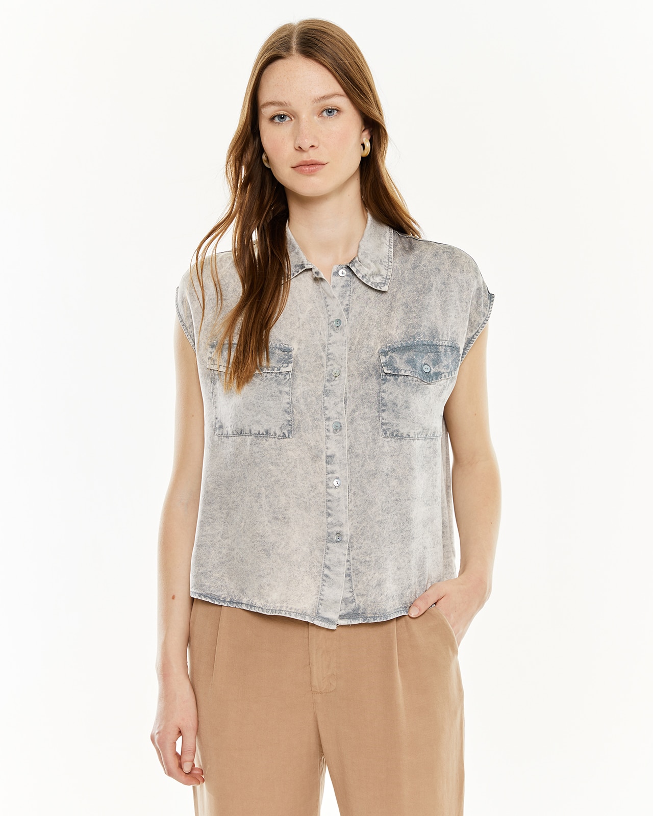 Camisa sem Mangas com Gola Tipo Camisa Cinzento-1