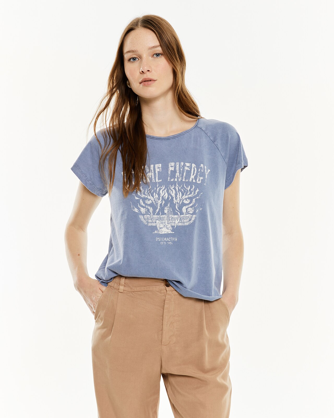 T-shirt com Estampado e Tintura Efeito Desgastado Azul-1