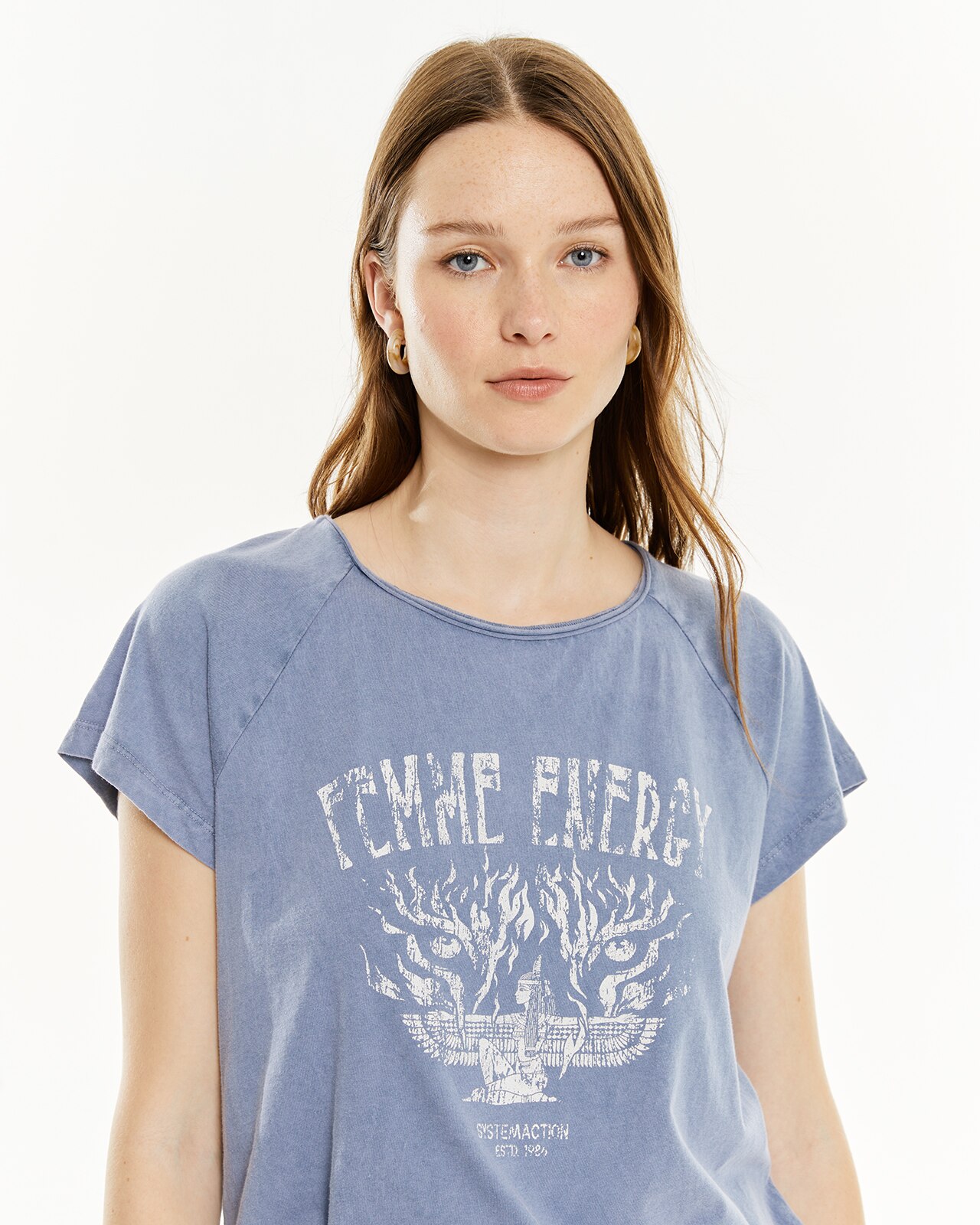 T-shirt com Estampado e Tintura Efeito Desgastado Azul-4