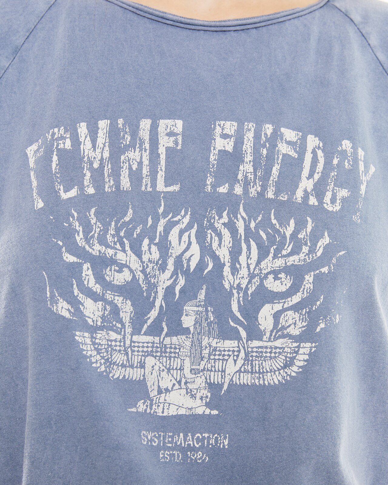 T-shirt com Estampado e Tintura Efeito Desgastado Azul-5