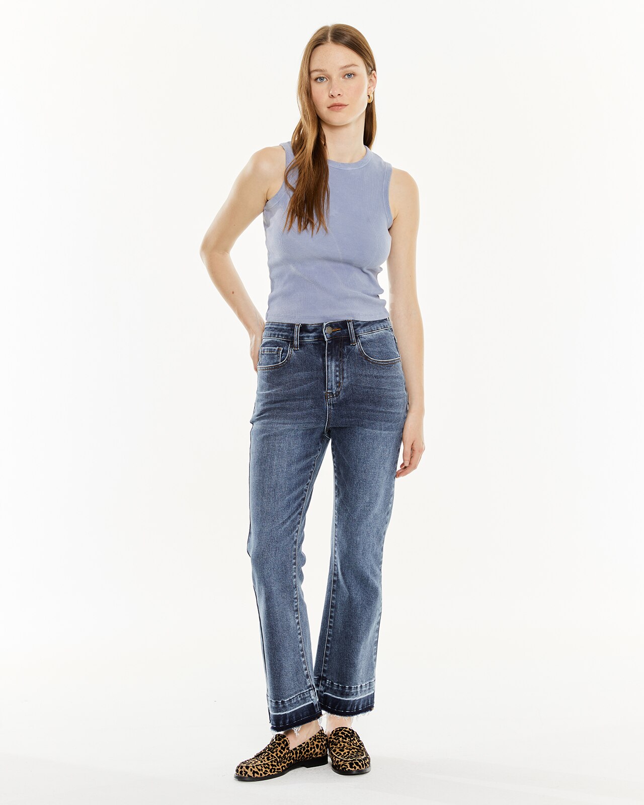 Calças Tipo Flare com Fecho de Botão Azul denim-1
