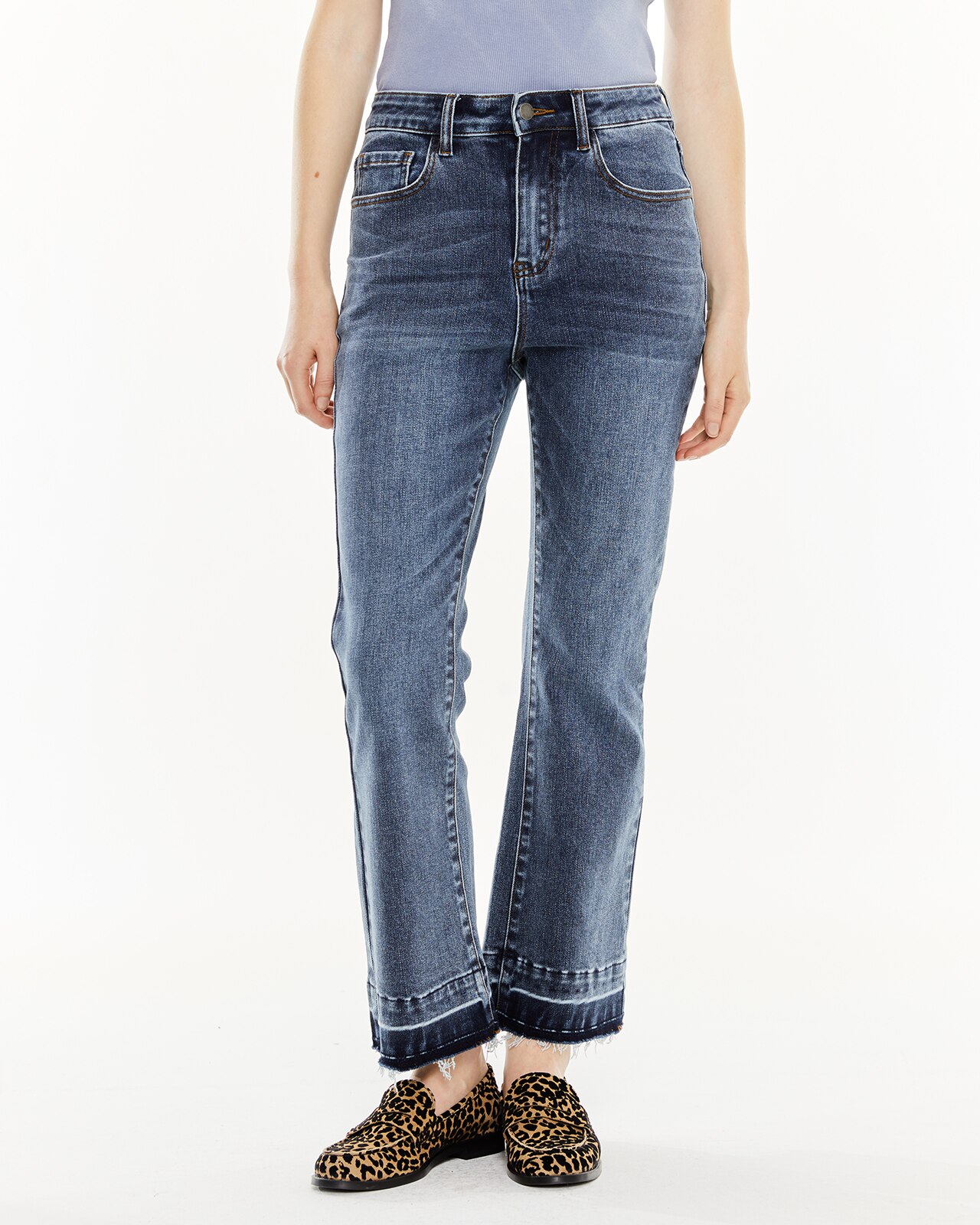 Calças Tipo Flare com Fecho de Botão Azul denim-3