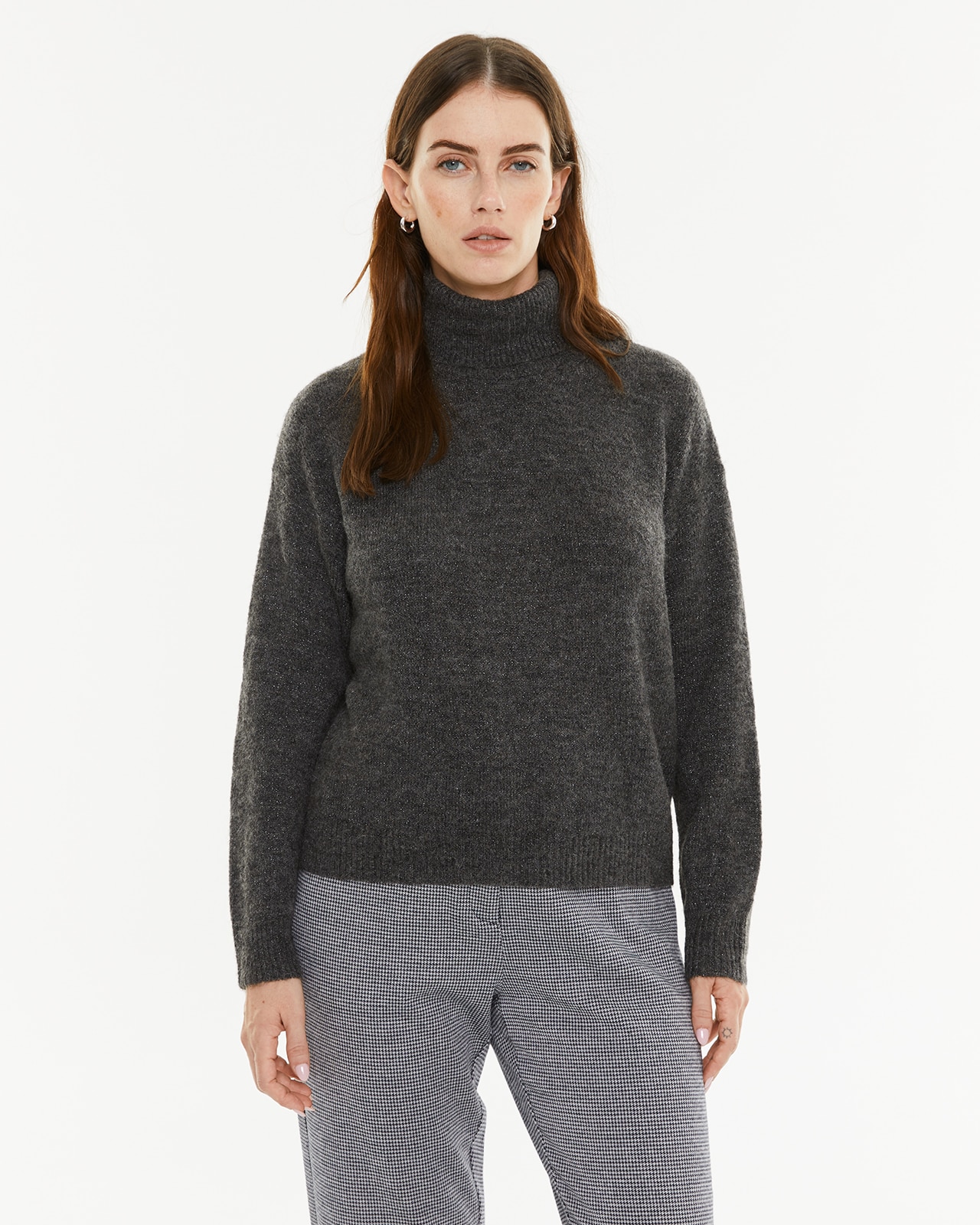 Camisola com Gola Alta e Lurex Cinzento-1