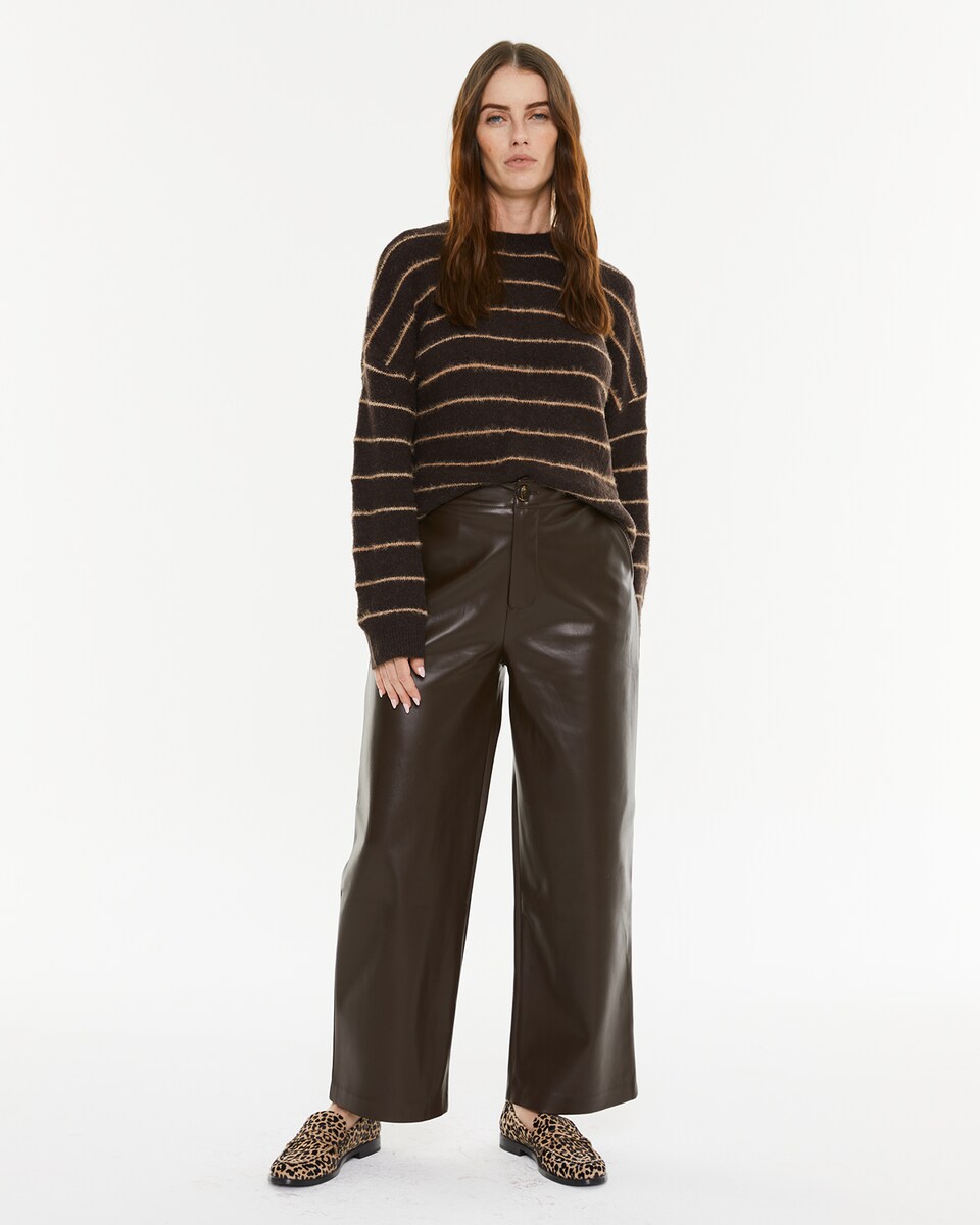 Camisola com Riscas a Contraste com Decote Redondo Castanho-3