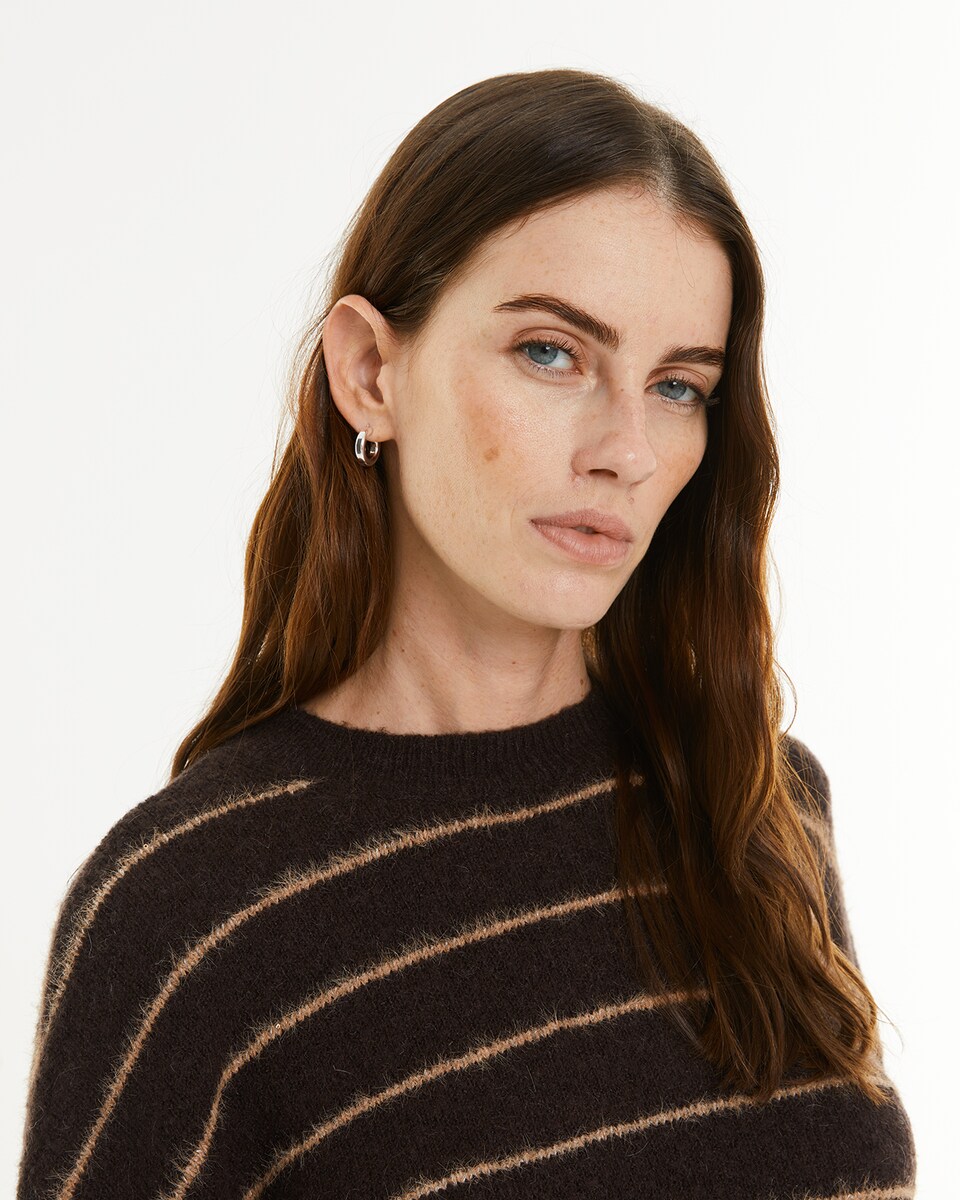 Camisola com Riscas a Contraste com Decote Redondo Castanho-4