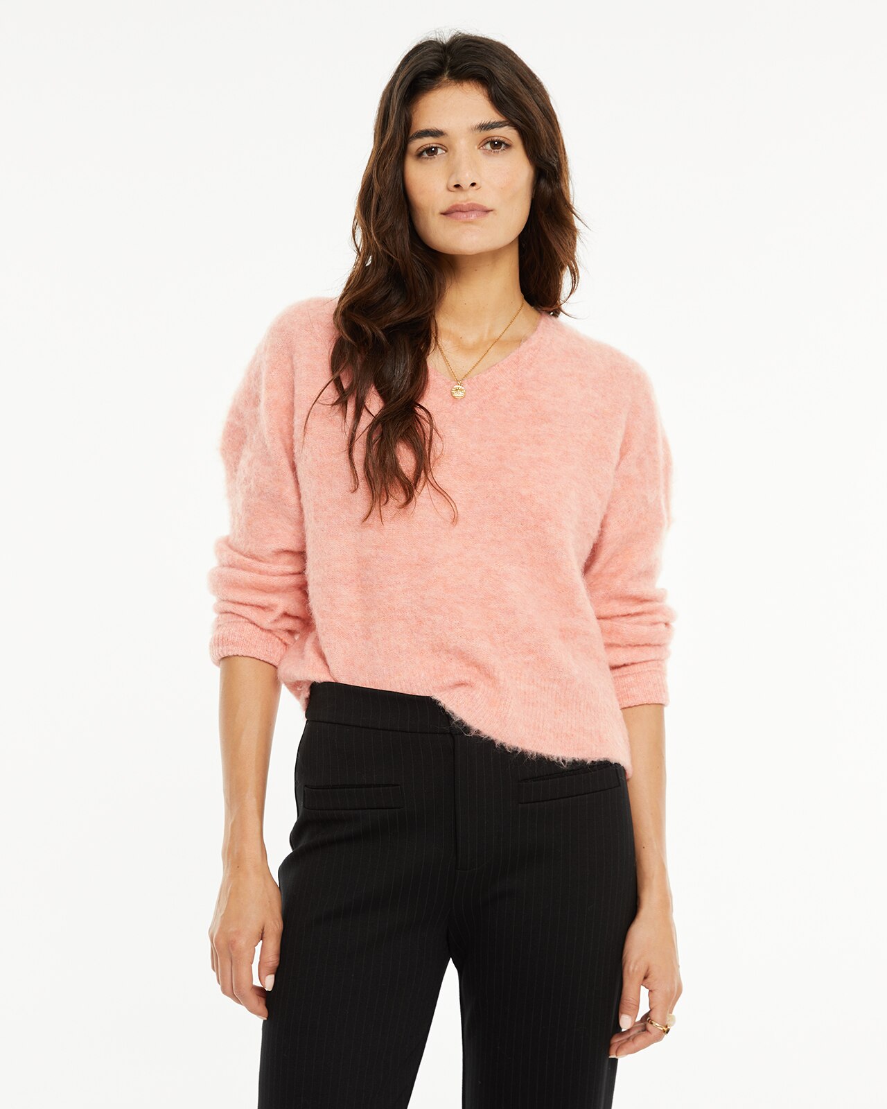 Camisola com Decote em V e Textura de Pelo Rosa-claro-1