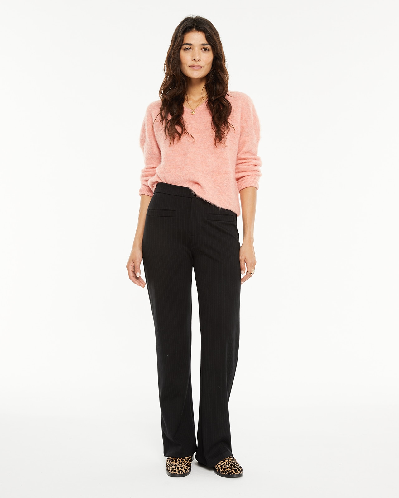 Camisola com Decote em V e Textura de Pelo Rosa-claro-3