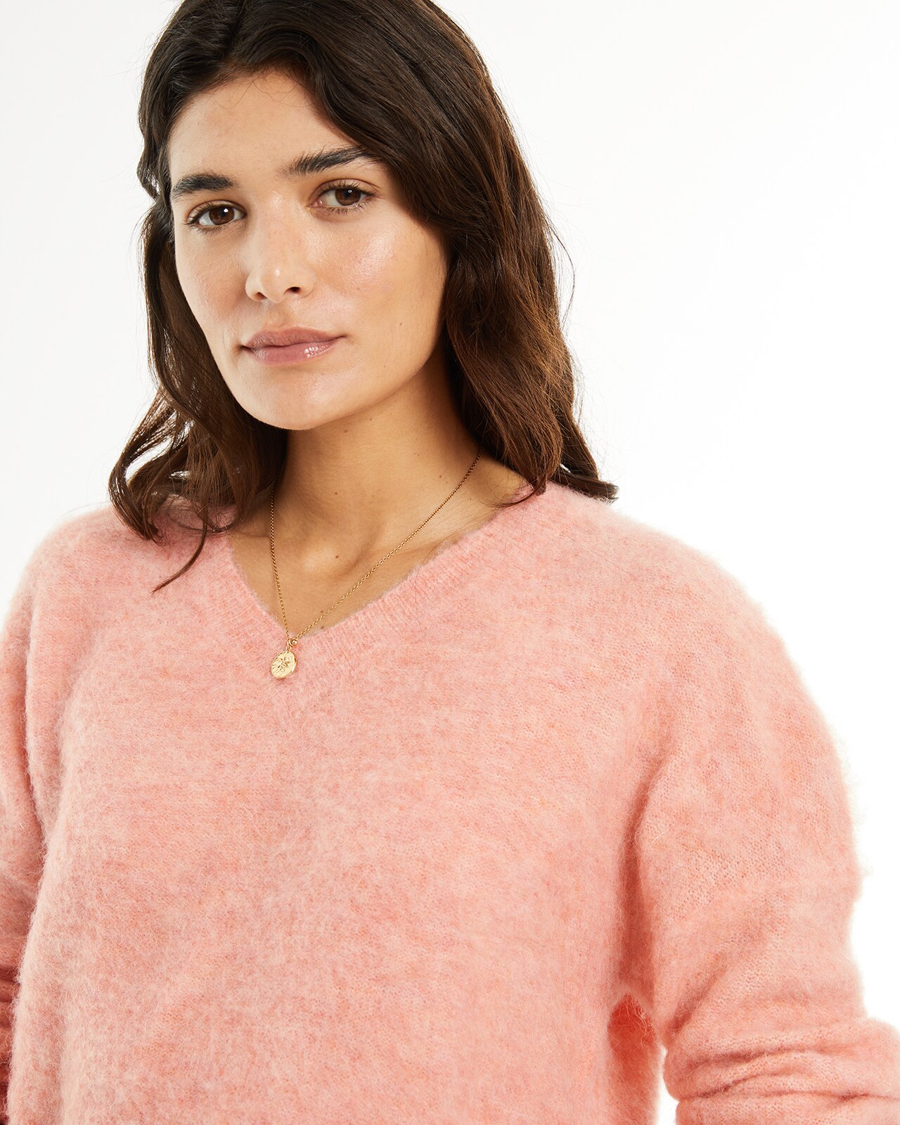 Camisola com Decote em V e Textura de Pelo Rosa-claro-4