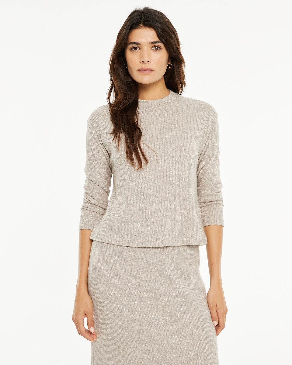 T-shirt com Tecido de Canelado com Lurex e Decote Perkins Bege-1