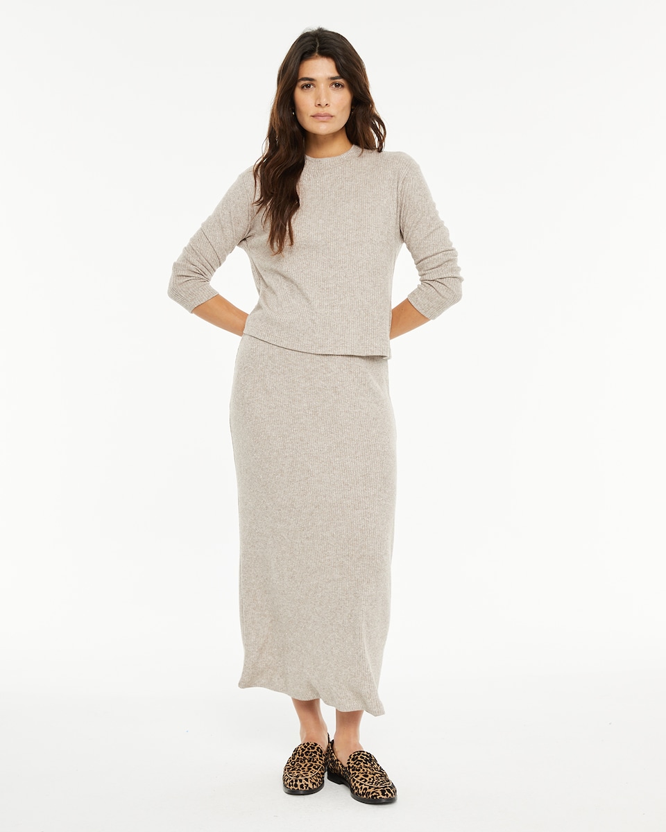 T-shirt com Tecido de Canelado com Lurex e Decote Perkins Bege-3