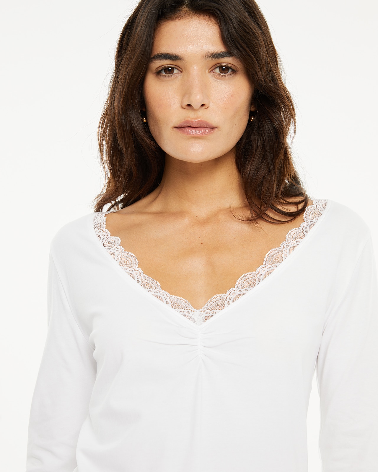 T-shirt Básica de Manga Comprida com Renda e Peça Sustentável Branco-4