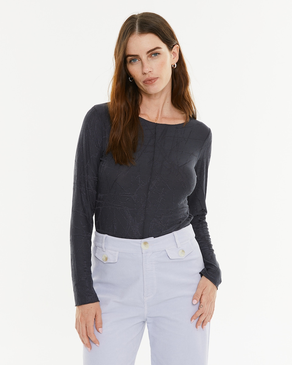 T-shirt com Tecido Jacquard e Decote Redondo Cinzento-escuro-1