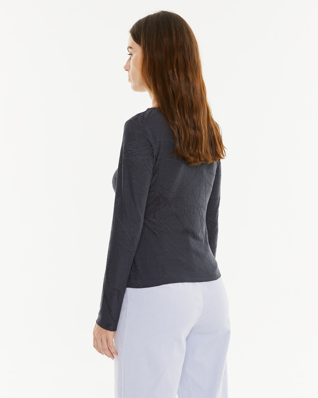 T-shirt com Tecido Jacquard e Decote Redondo Cinzento-escuro-2