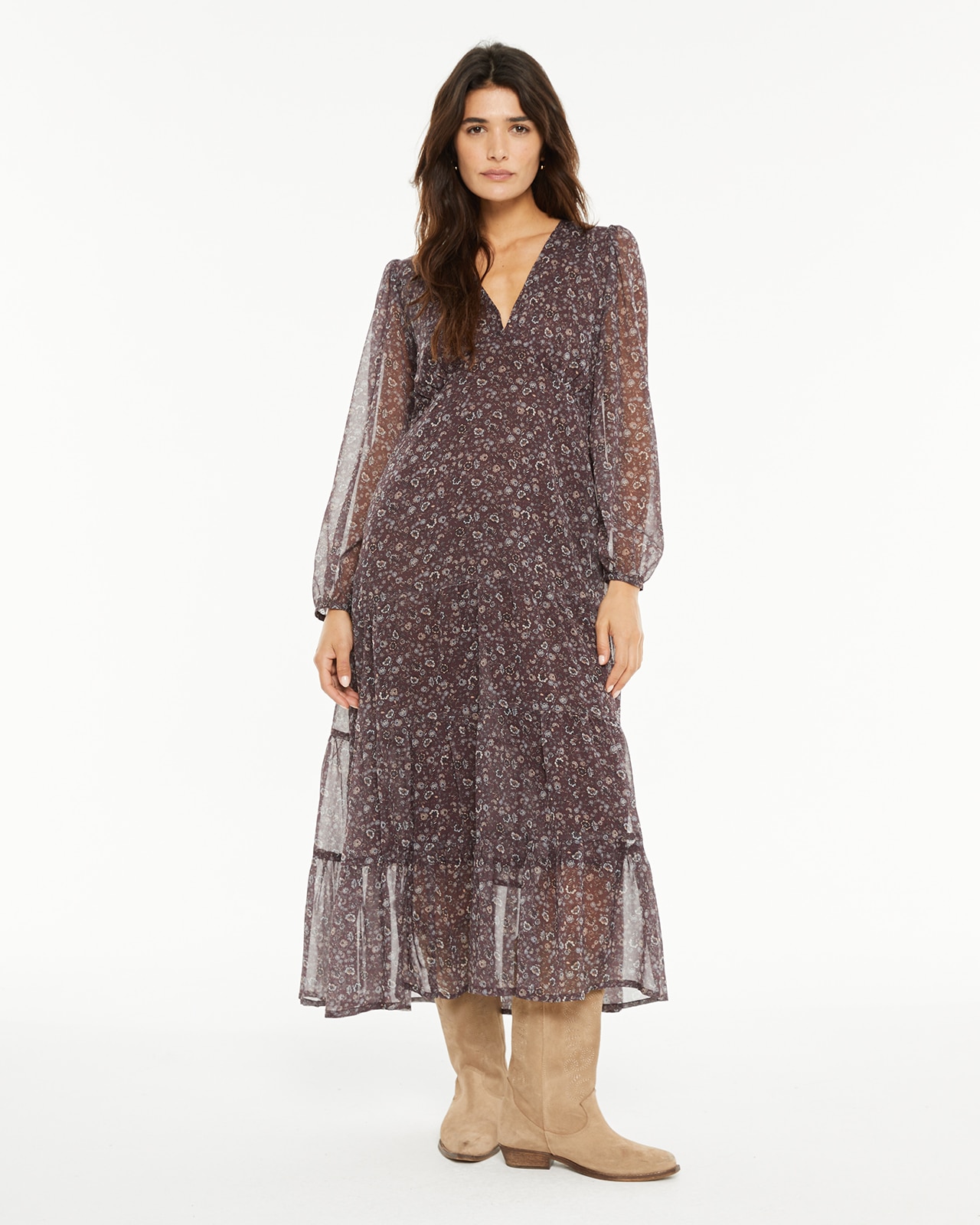 Vestido com Estampado Floral e Franzidos no Peito Roxo-1