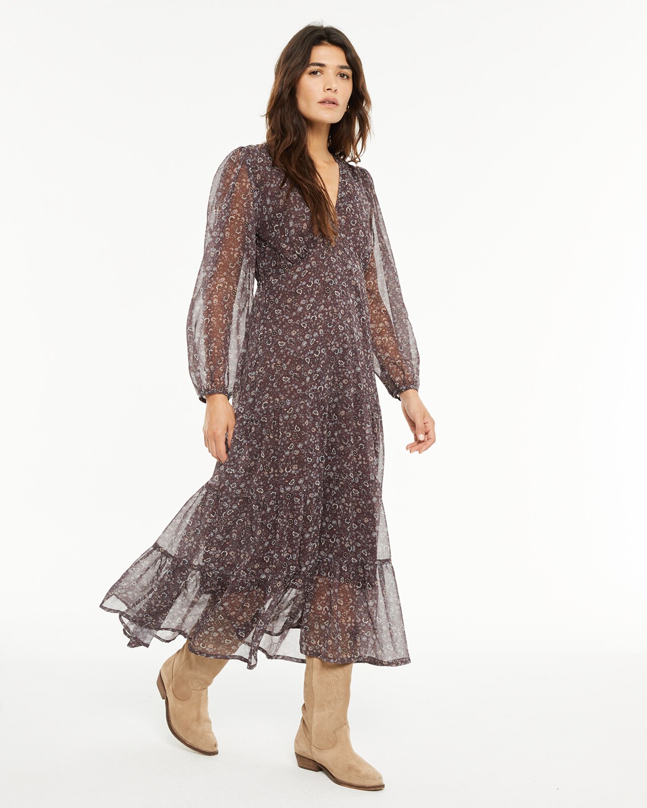 Vestido com Estampado Floral e Franzidos no Peito Roxo-3
