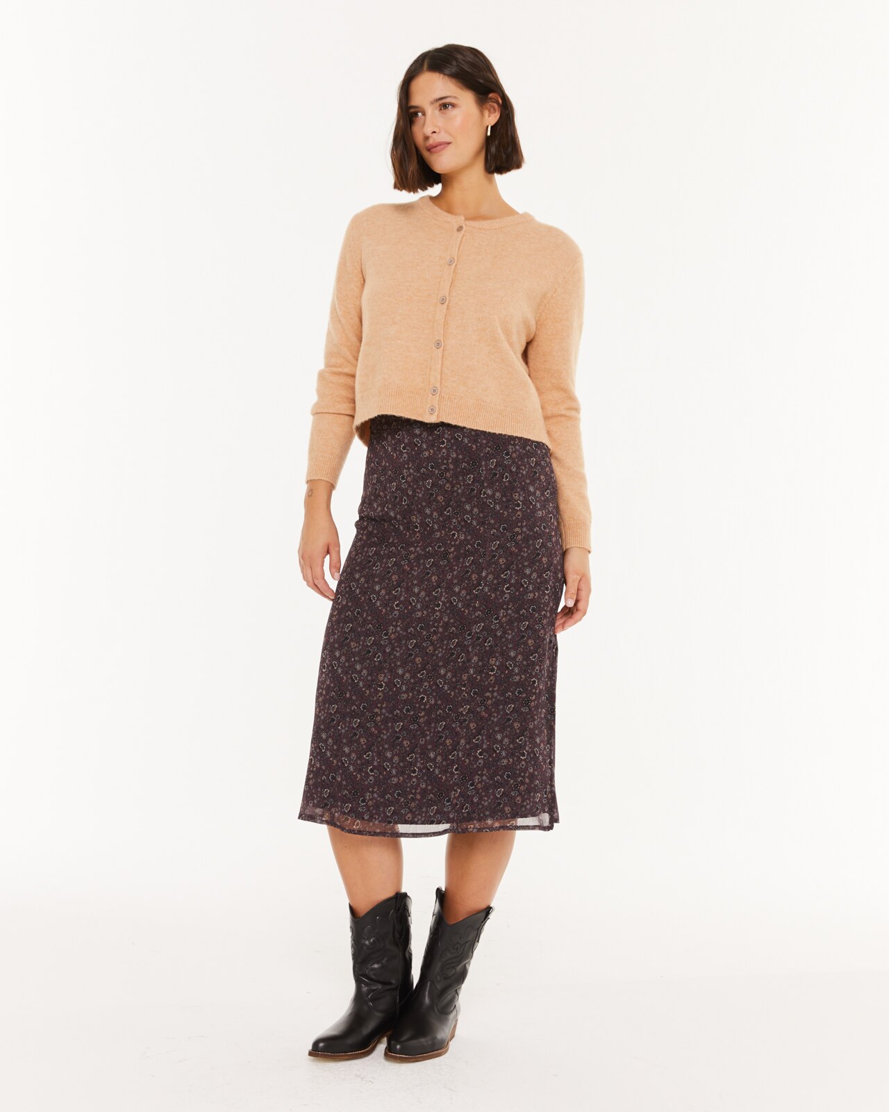 Saia Midi com Estampado Floral Pequeno Prenda Sustentável Grená-1