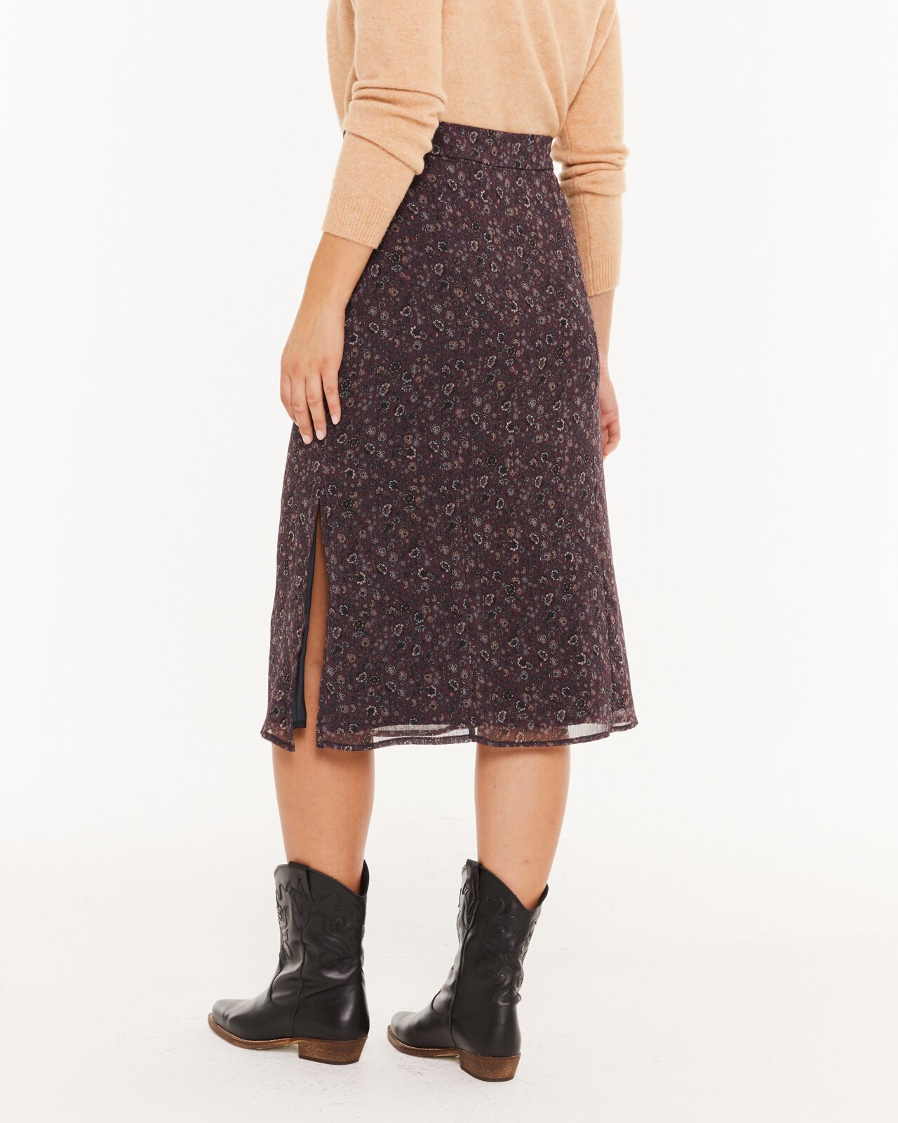 Saia Midi com Estampado Floral Pequeno Prenda Sustentável Grená-2