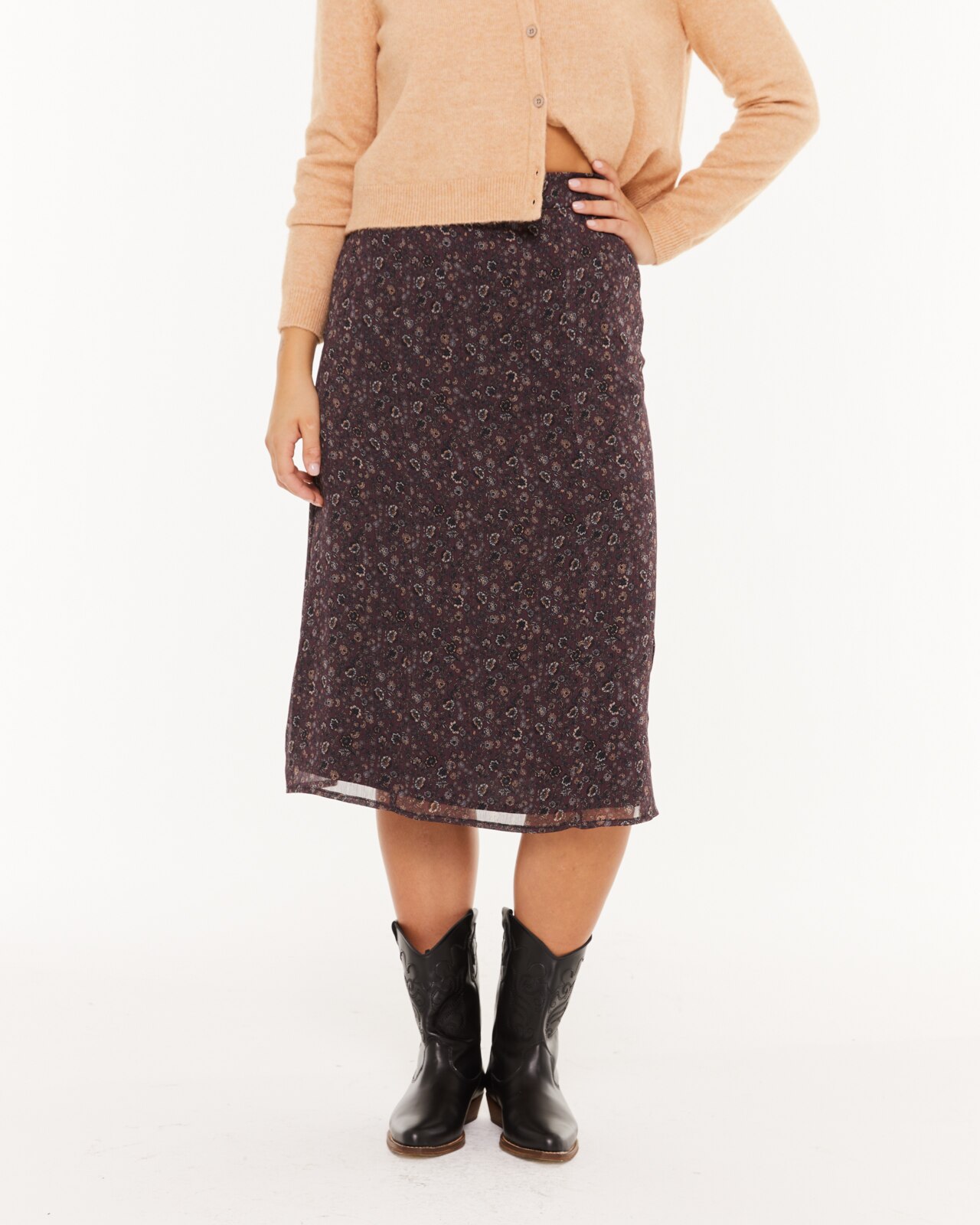 Saia Midi com Estampado Floral Pequeno Prenda Sustentável Grená-3