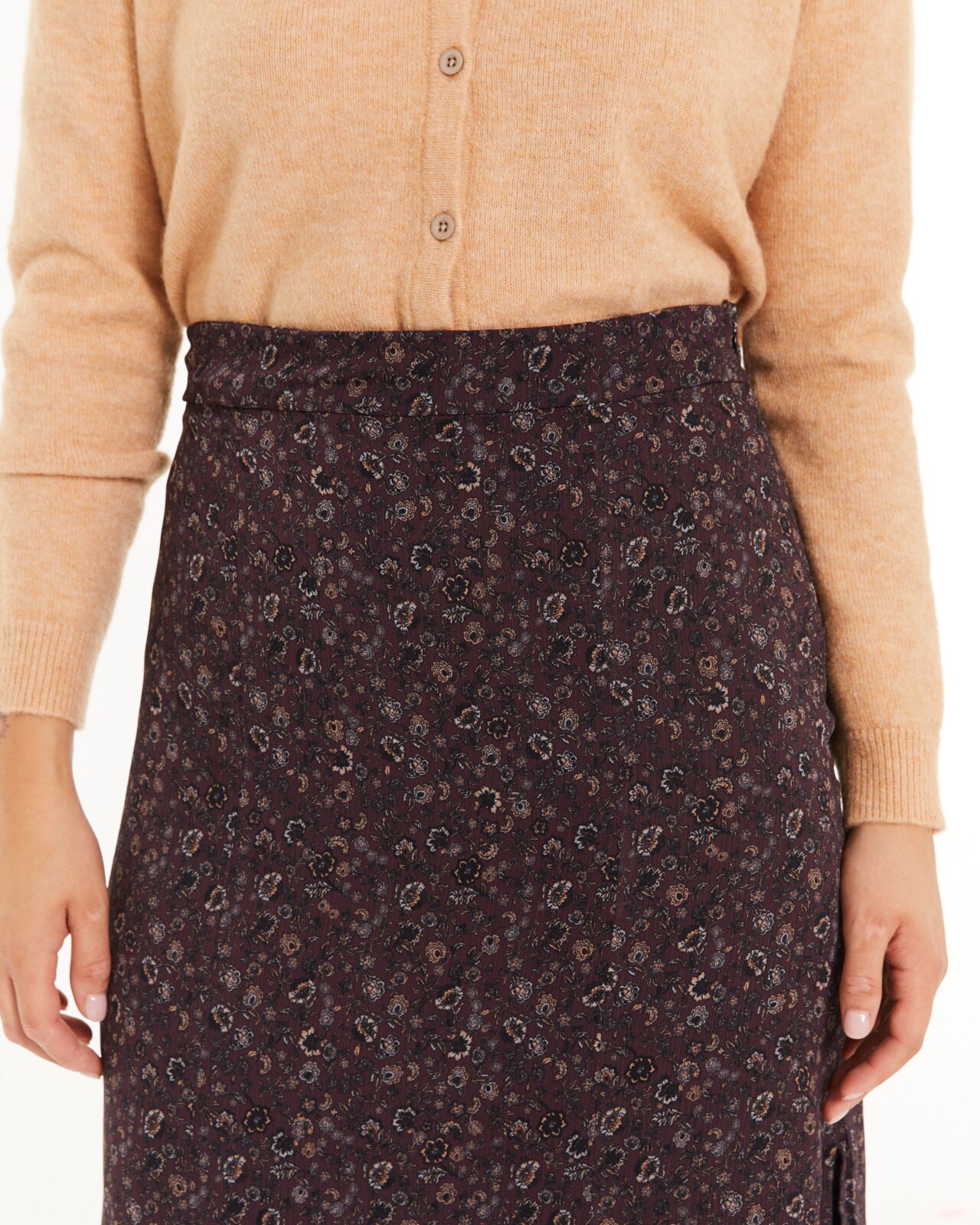 Saia Midi com Estampado Floral Pequeno Prenda Sustentável Grená-4