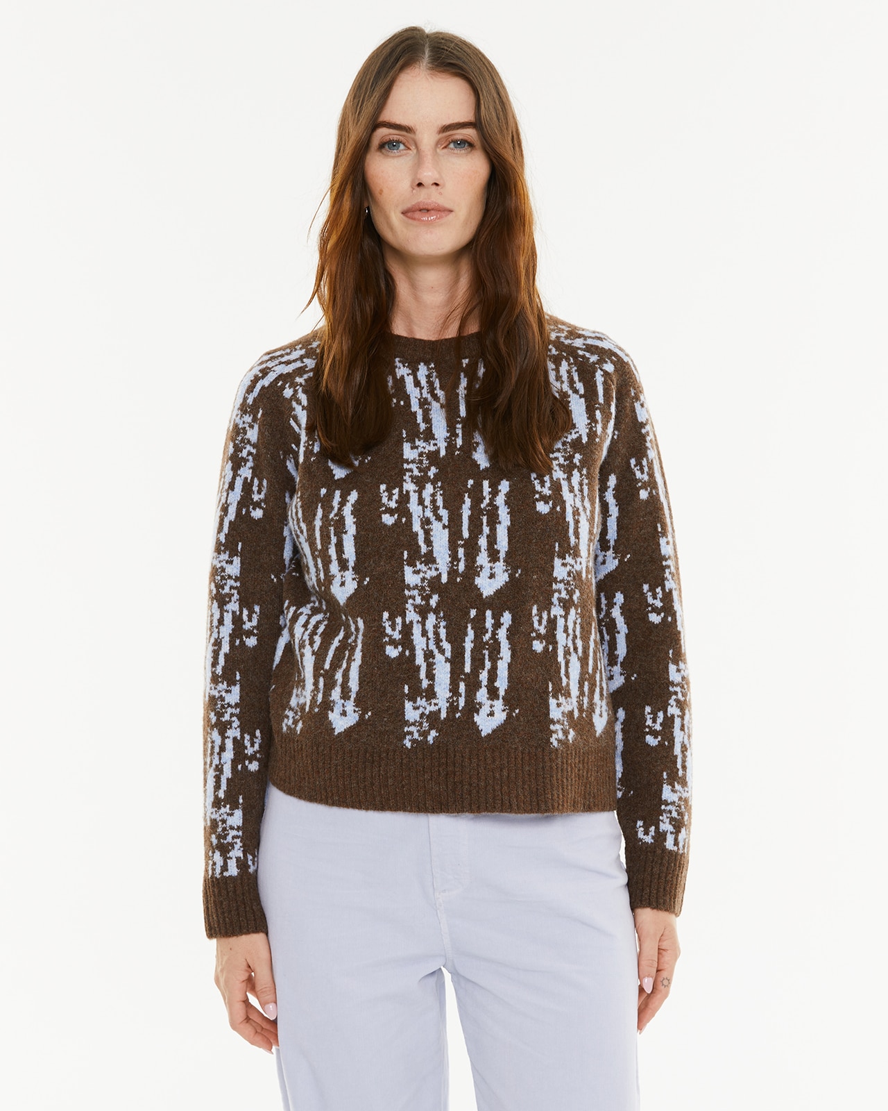 Camisola com Jacquard e Decote Redondo Castanho-1