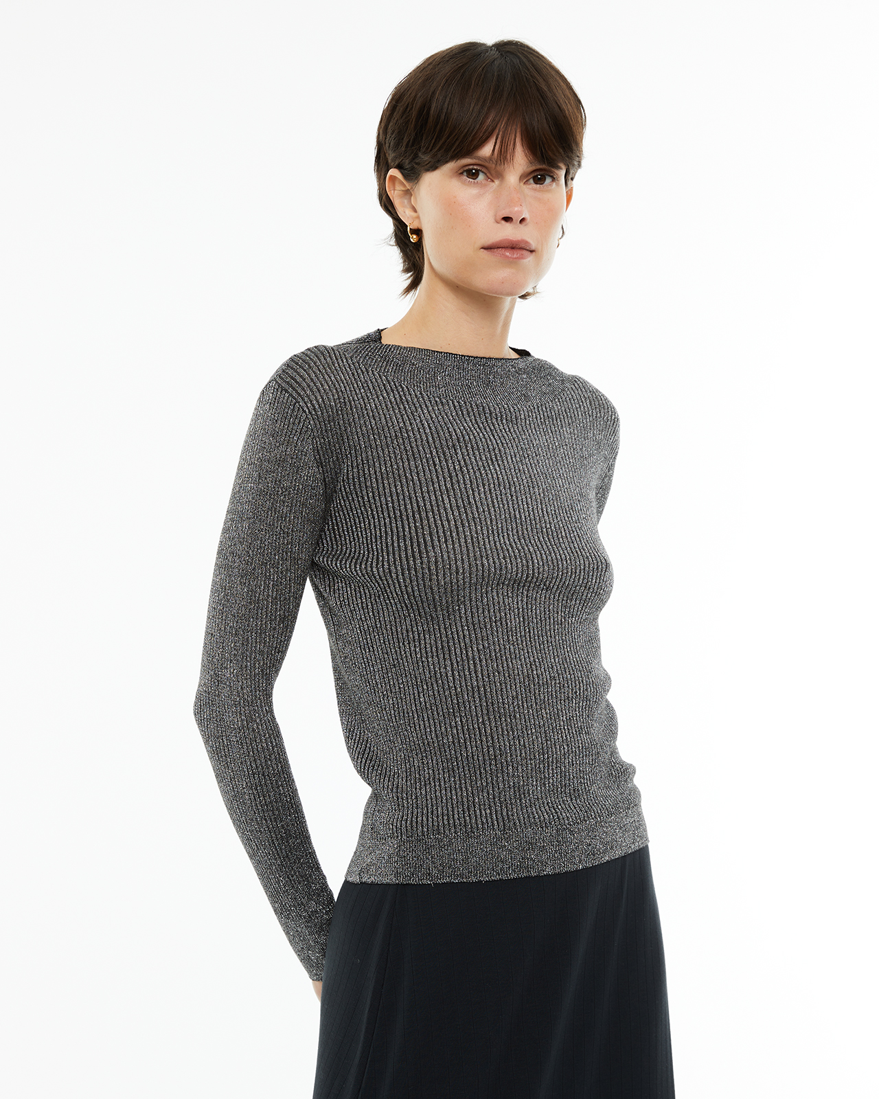 Camisola Ajustada com Gola Redonda Cinzento-1