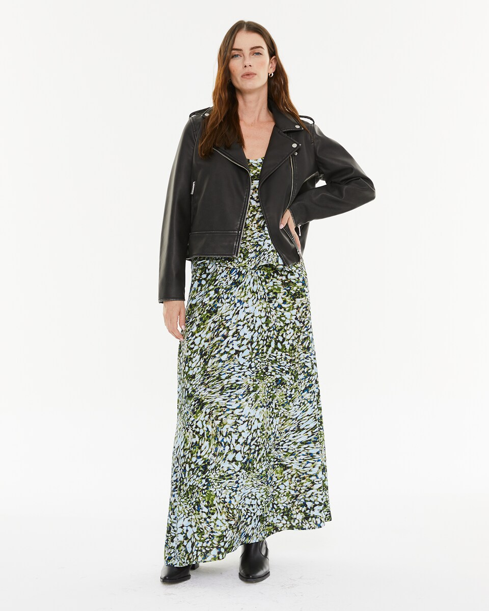 Blusão Tipo Biker Desgastado com Fechos de Correr Preto-1