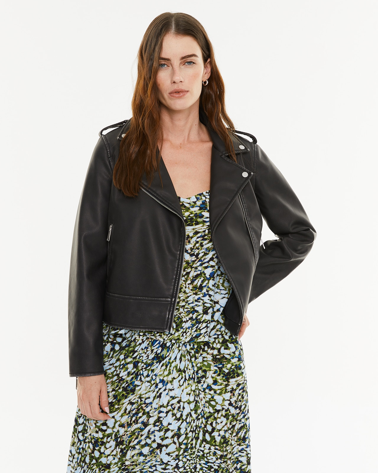 Blusão Tipo Biker Desgastado com Fechos de Correr Preto-3