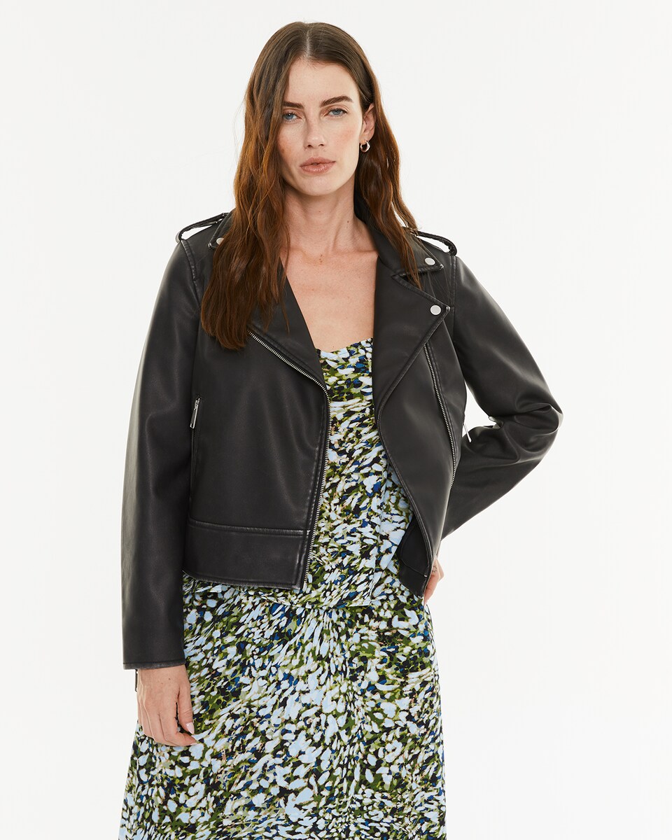 Blusão Tipo Biker Desgastado com Fechos de Correr Preto-3