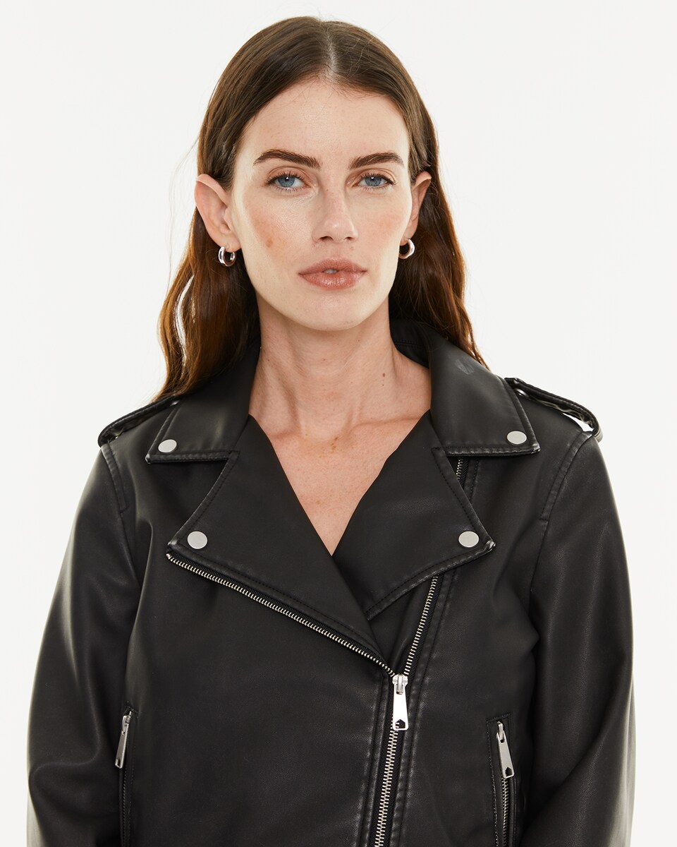 Blusão Tipo Biker Desgastado com Fechos de Correr Preto-4